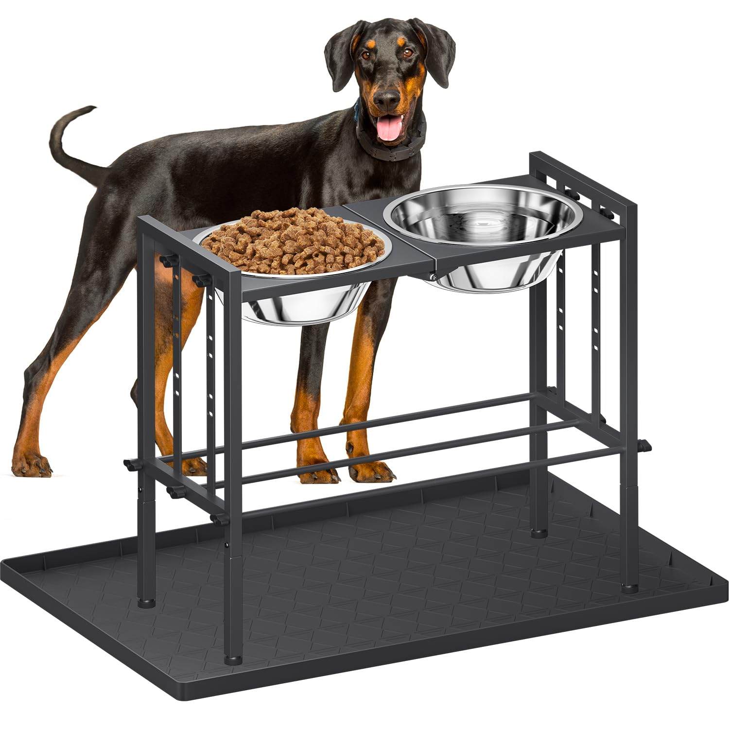 Raised Metal Dog Bowls - Large Breed, 3 Heights, Sturdy Stand For Extra Large Dogs, Black With Mat