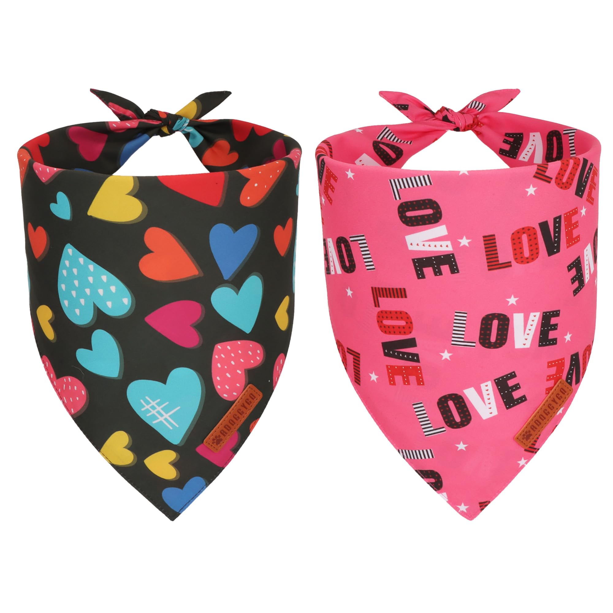 Adoggygo Valentine Dog Bandanas 2 Pack, Triangle Reversible Love Heart Scarf, Premium Durable Fabric, Pet Valentine Bandana For 
