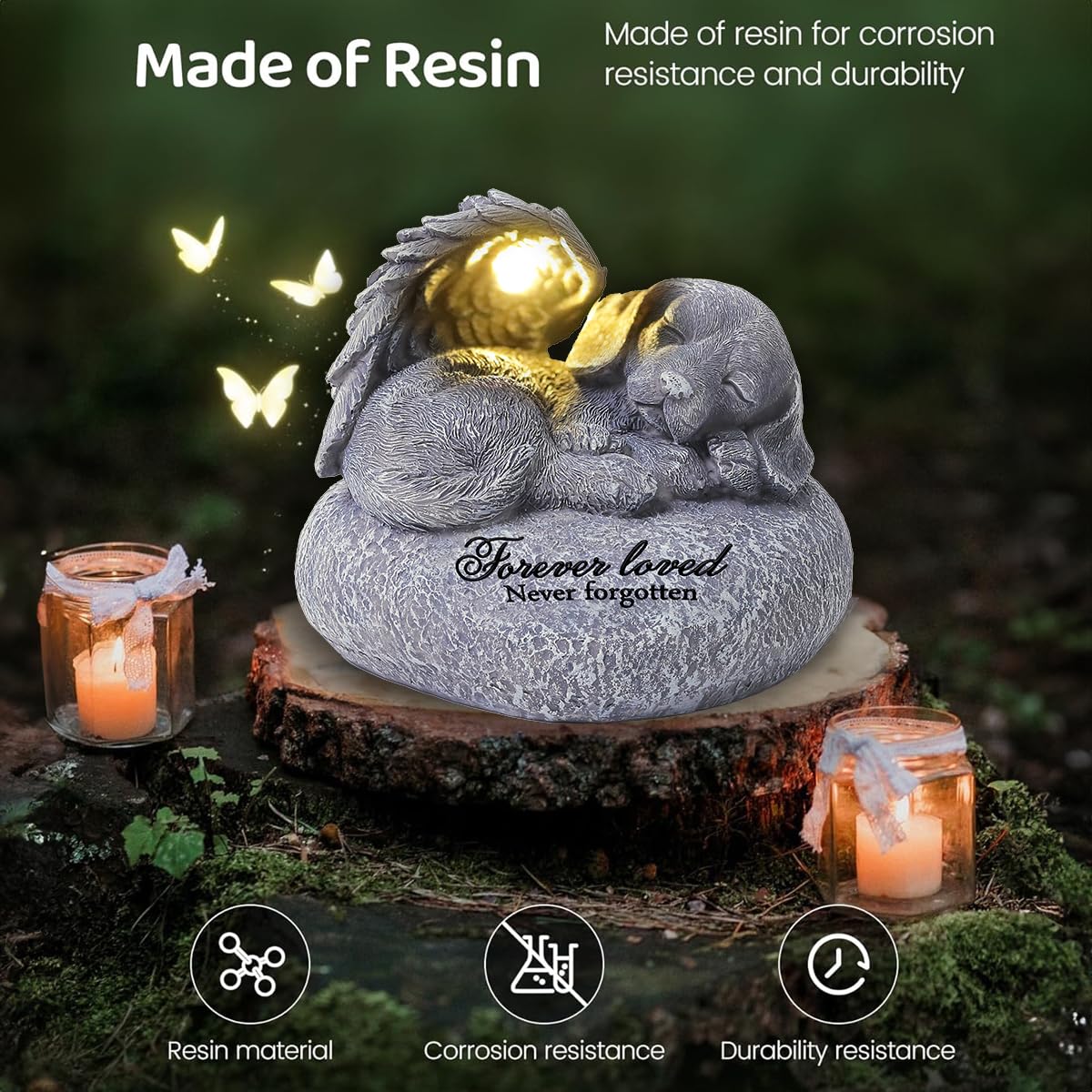 Qzwhlsm Pet Memorial Gifts For Dogs,Hand-Sculpted Resin Pet Loss Sympathy Gift With Led Light, Pet Angel Sleeping Dog Memorial S