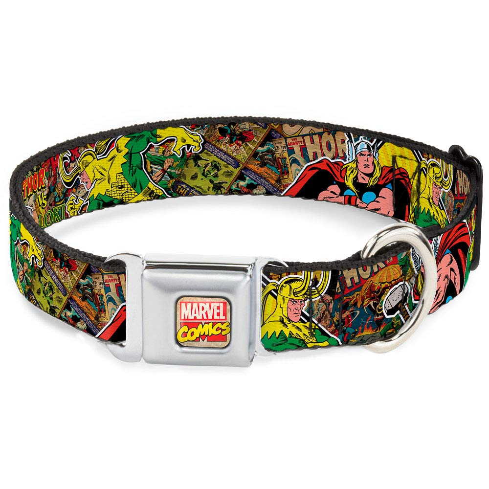 Buckle-Down Seatbelt Buckle Dog Collar - Thor & Loki Poses/Retro Comic Books Stacked - 1'' Wide - Fits 11-17'' Neck - Medium