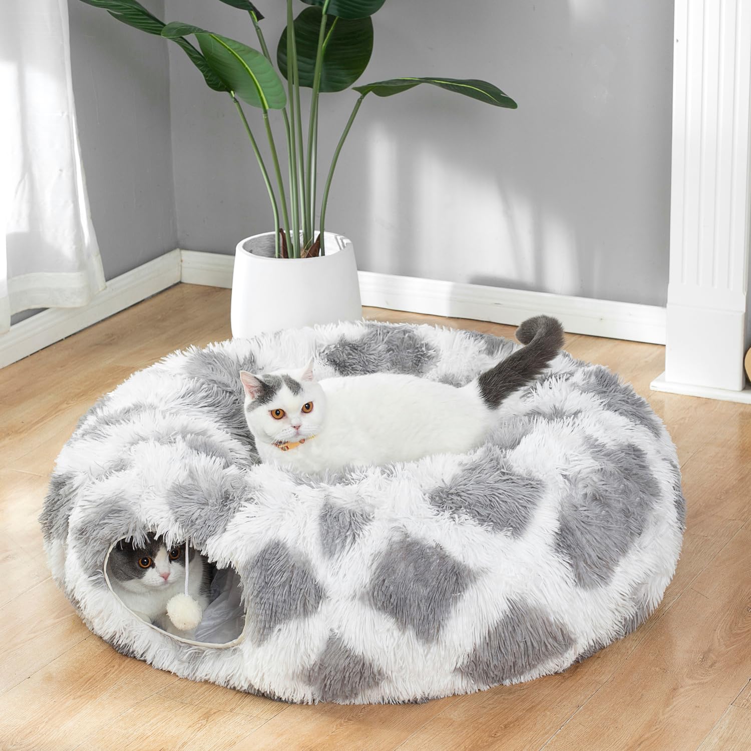 LUCKITTY Warm Fluffy Plush Cat Dog Tunnel Bed with Washable Cushion- Big Tube Playground Toys 3 FT Diameter Collapsible, for Ind