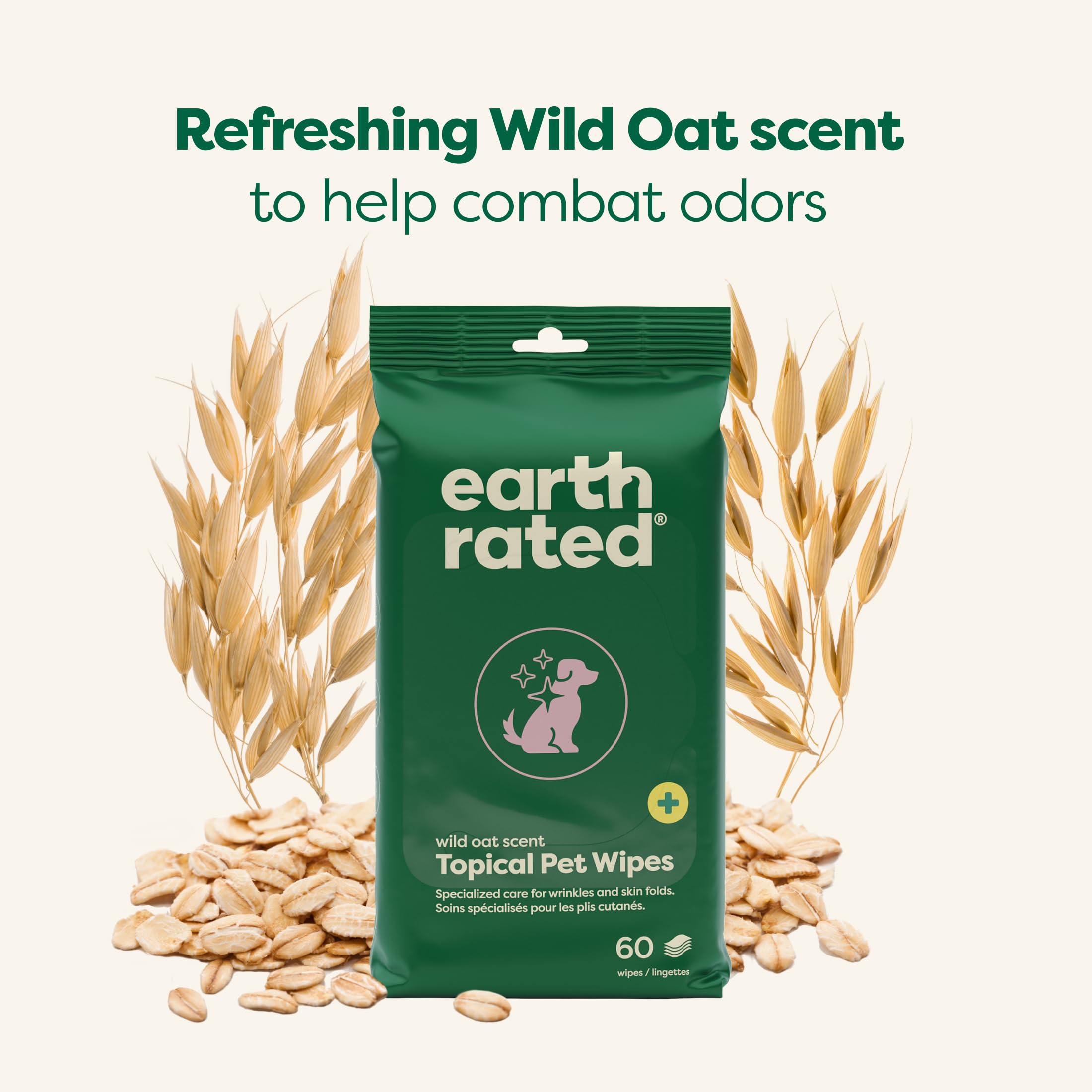 Earth Rated Wrinkle Wipes For Dogs, Perfect For Bulldogs And Pugs, To Cleanse Wrinkles And Folds, Wild Oat Scent, 60 Count