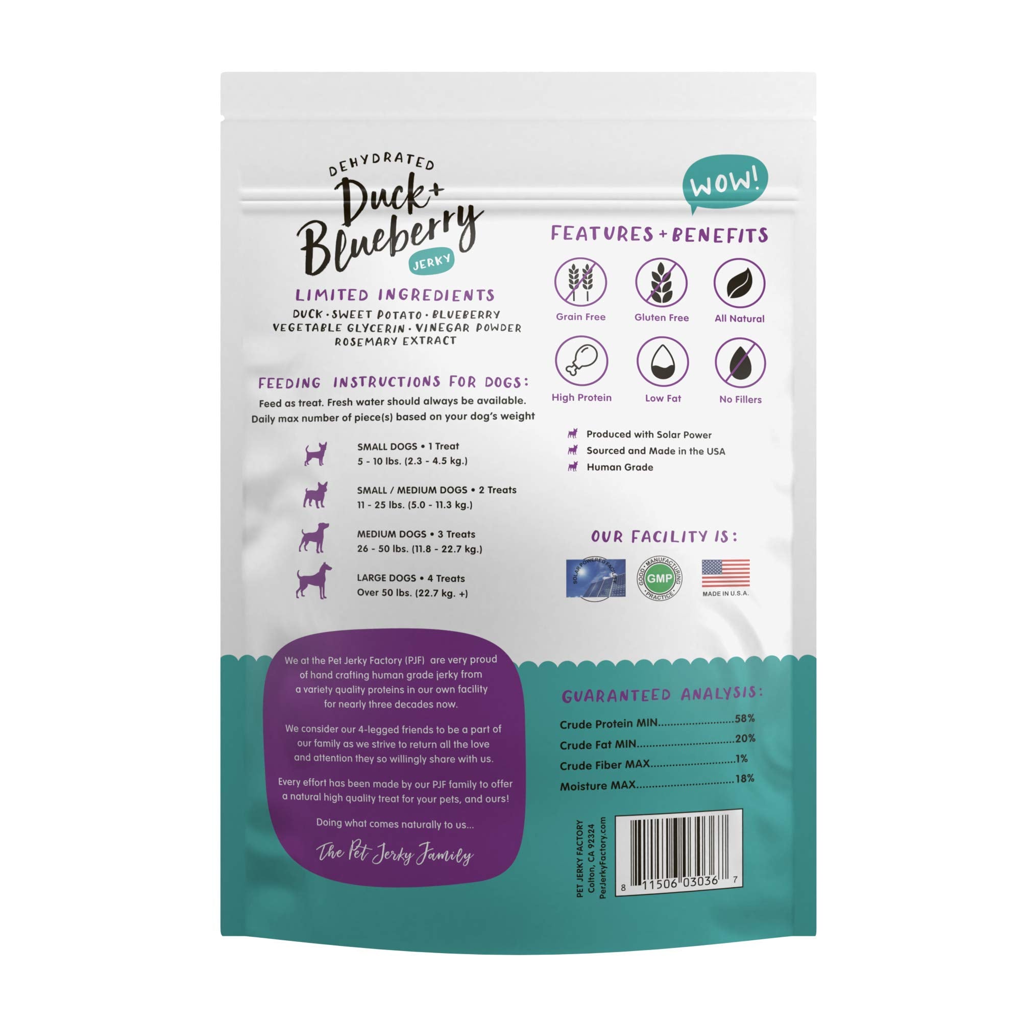 Pet Jerky Factory Premium Duck and Blueberry 5 oz. Dog Jerky Treats | 100% Human Grade | USA Made | High Protein | Grain Free |