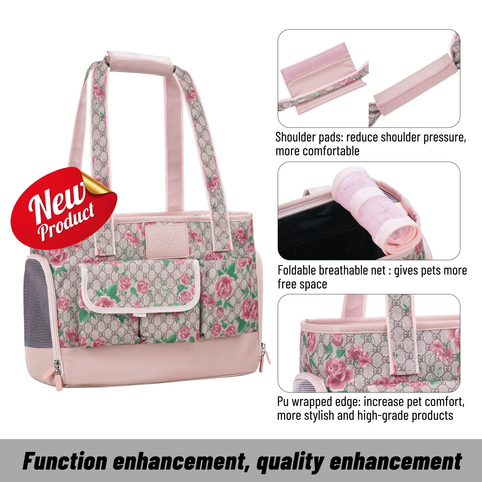 Johomviin Dog Carrier, Cat Carrier, Pet Carrier, Foldable Waterproof Premium Pu Leather Oxford Cloth Dog Purse, Portable Tote Bag Carrier For Small To Medium Cats And Small Dogs (Flower Pattern)