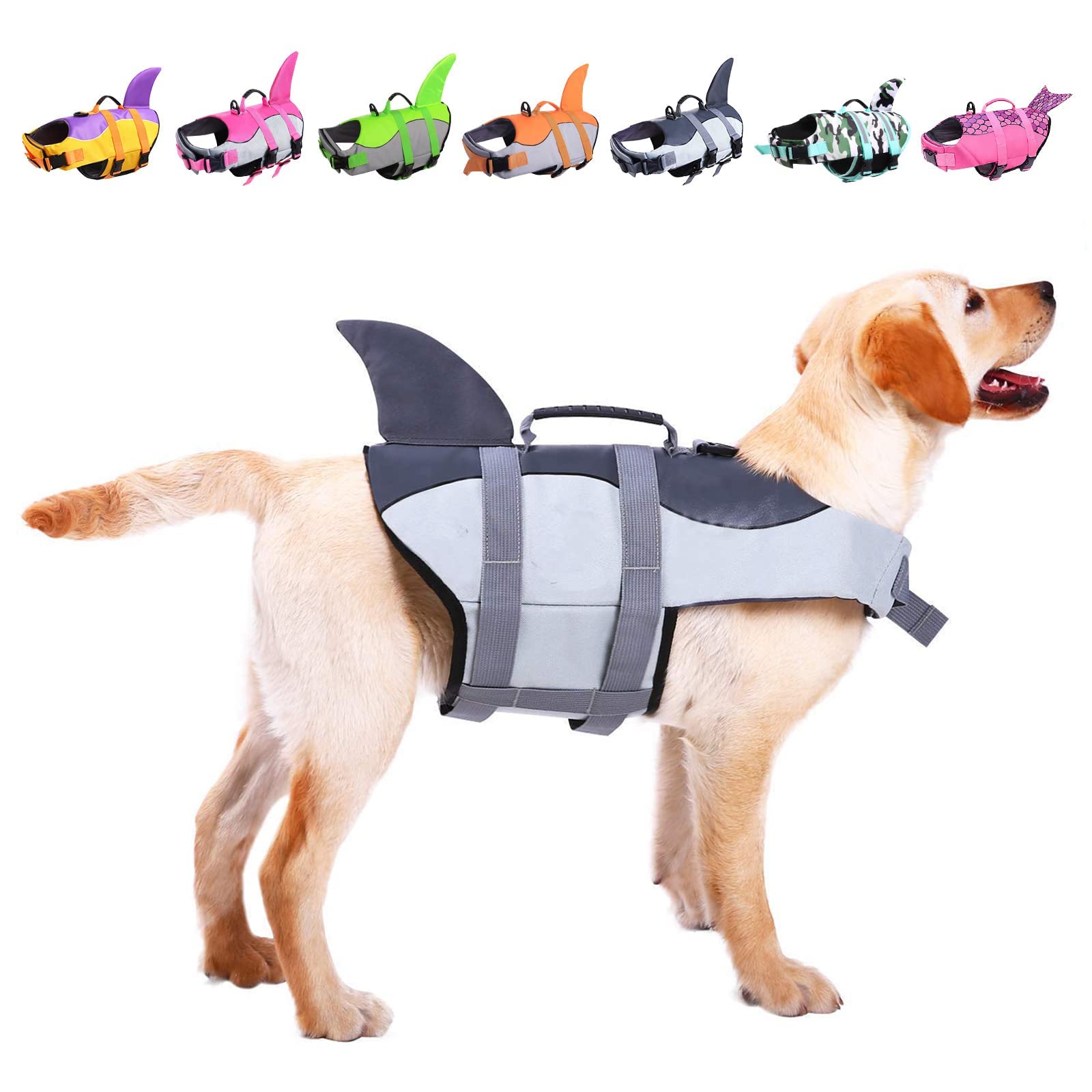 Asenku Dog Life Jacket Pet Life Safety Vest For Swimming Boating, Dog Shark Life Jackets Dog Lifesavers Swimsuits For Pool, Dog Water Floatation Vest For Small Medium Large Dogs, Gray, Small