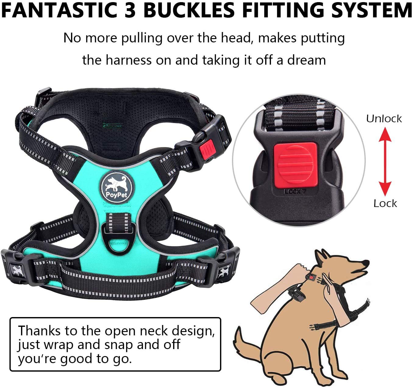 Poypet No Pull Dog Harness, No Choke Front Lead Dog Reflective Harness, Adjustable Soft Padded Pet Vest With Easy Control Handle For Small To Large Dogs(Mint Blue,Xs)