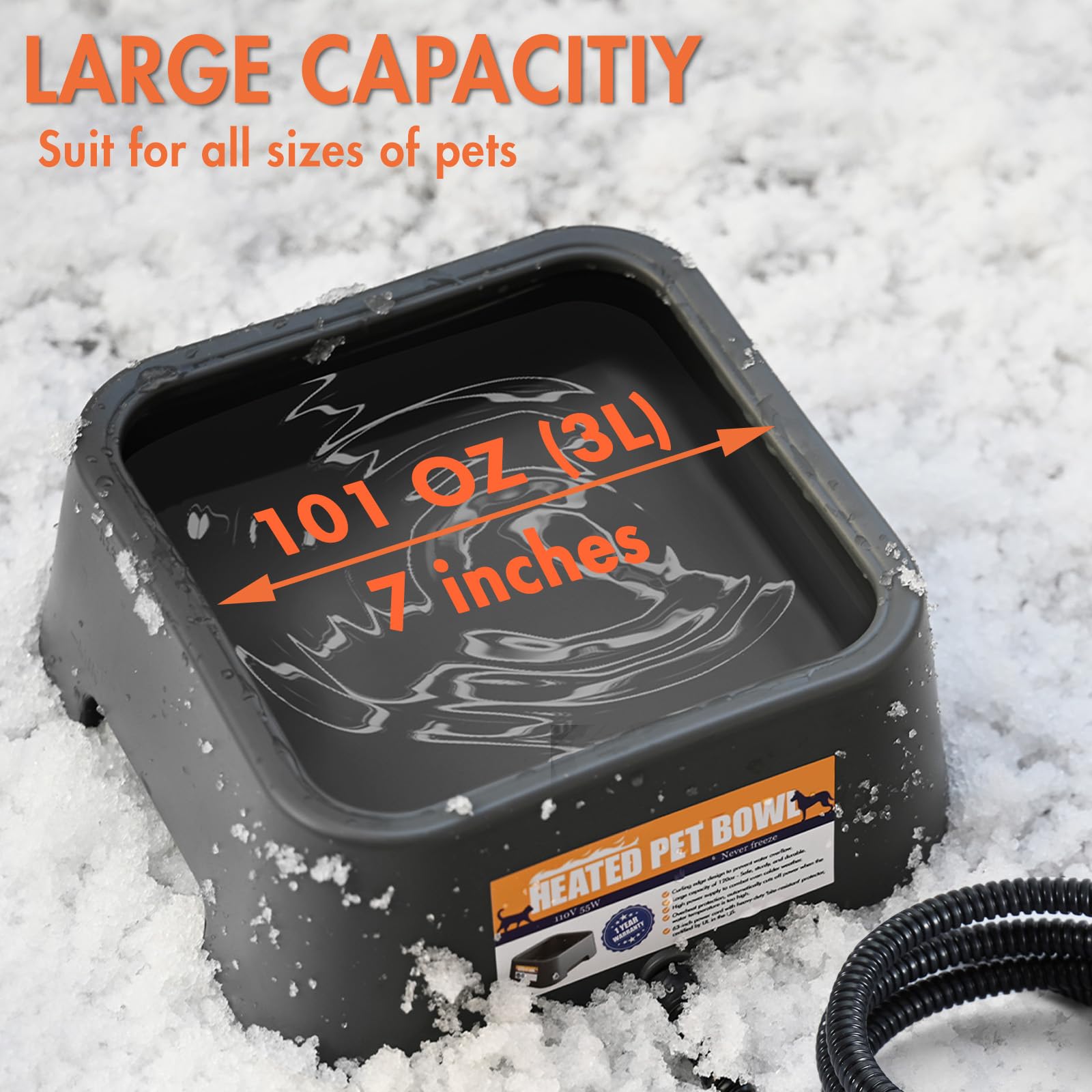 Petsolon Heated Water Bowl For Dog & Cat, 3 L/ 101 Oz Heated Dog Bowl For Winter, Heated Pet Bowl For Indoor/Outdoor, Large Heat