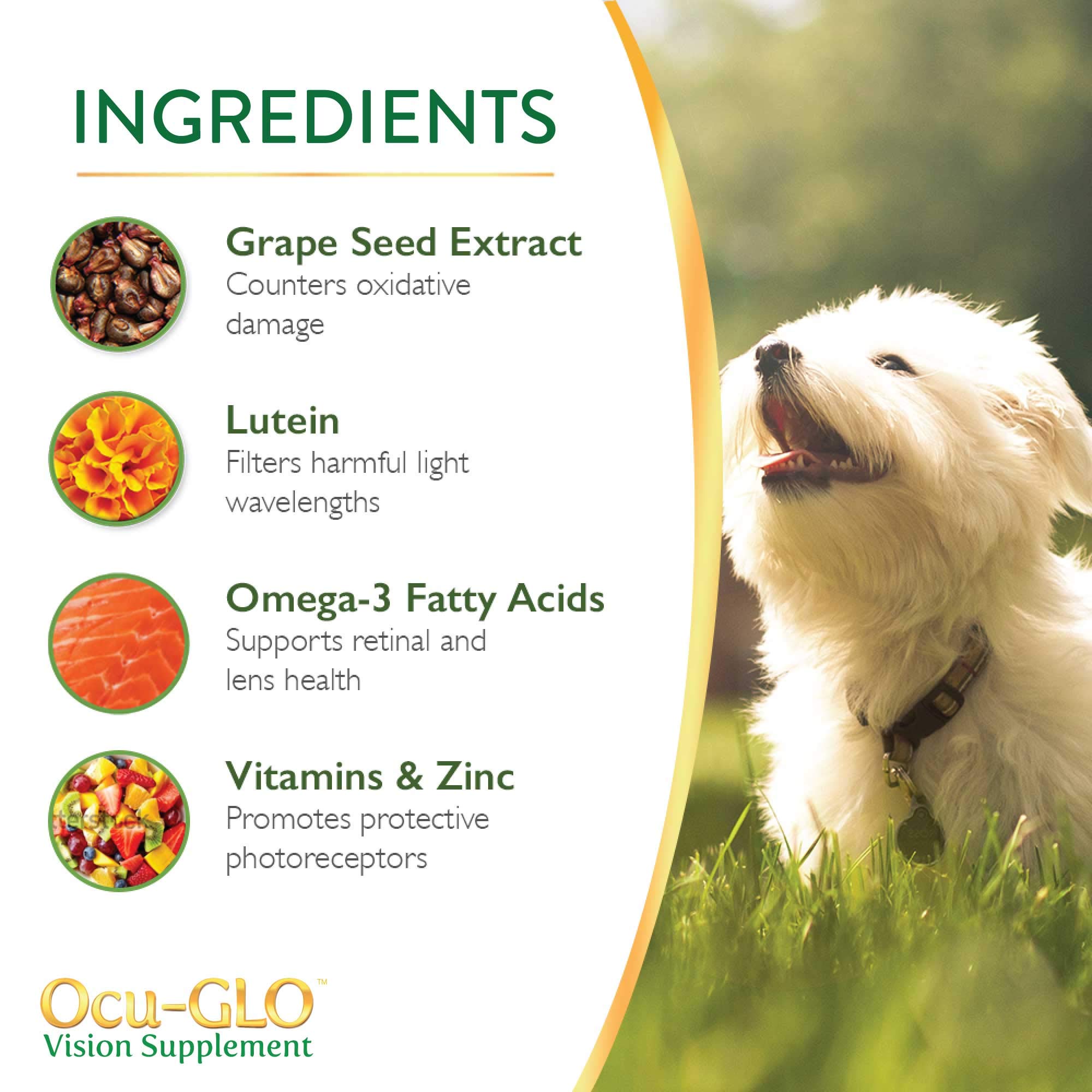 Ocu-GLO Cat & Dog Senior Supplement for Eye Support - Chewable Vision Vitamins Supplements for Large and Small Pets Care with Lu