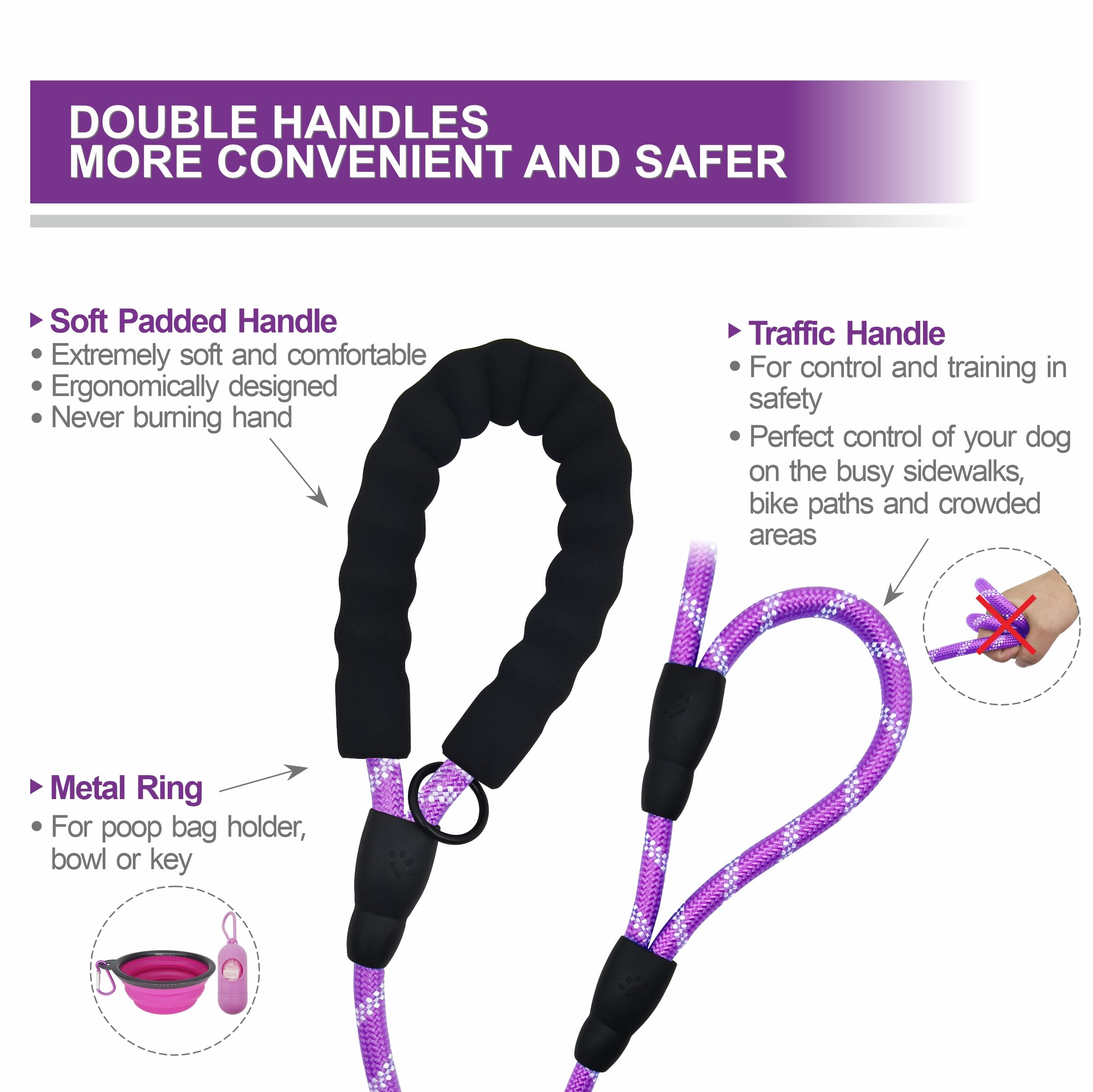 VOZRELS Dog Leash Heavy Duty 6ft, Double Handle Dog Leash with Padded Handle for Traffic Control, Reflective Rope Leashes for La