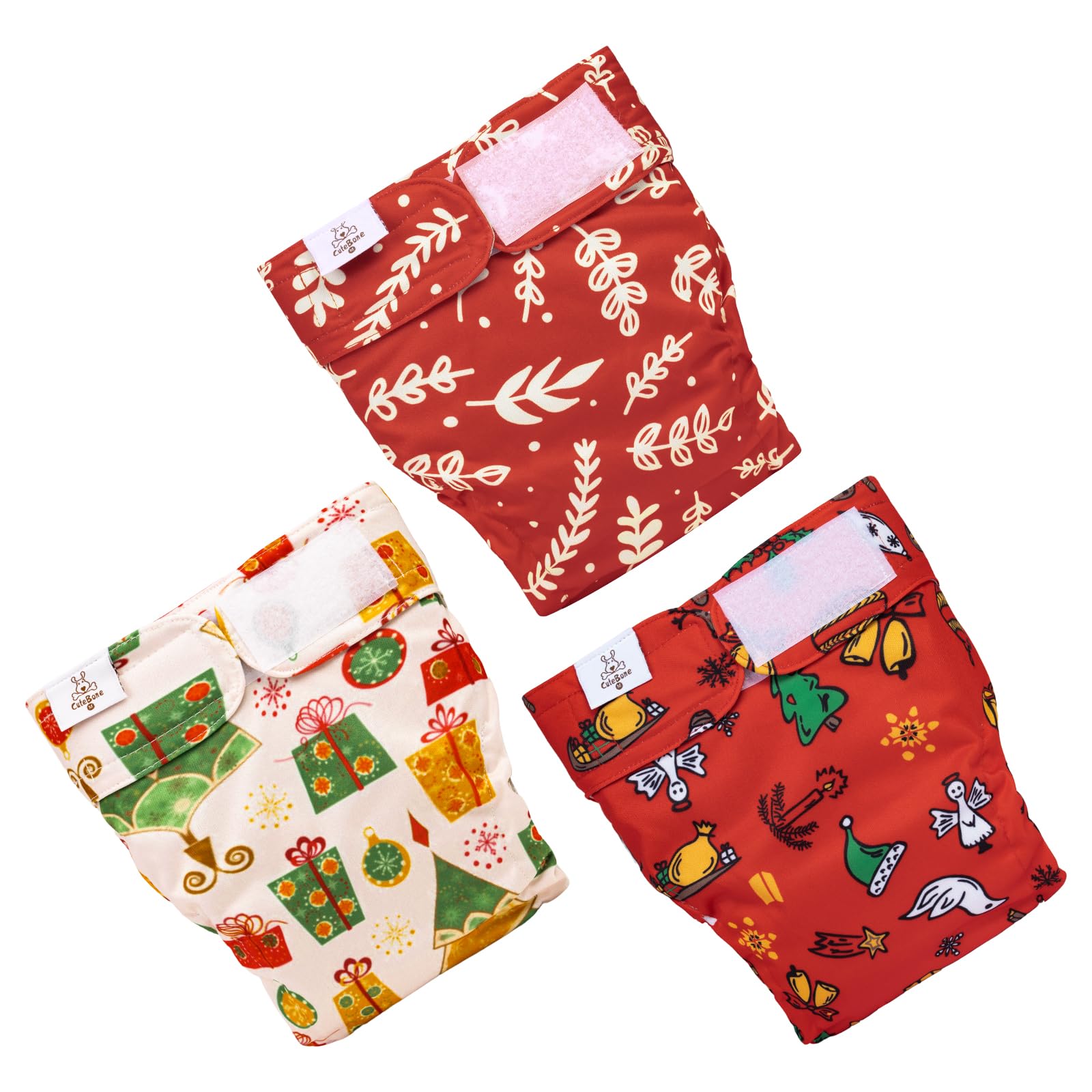 Cutebone Washable Christmas Dog Diapers Female No Tail Hole 3 Pack Reusable Doggie Period Training Pants For Docked-Tail Frenchi