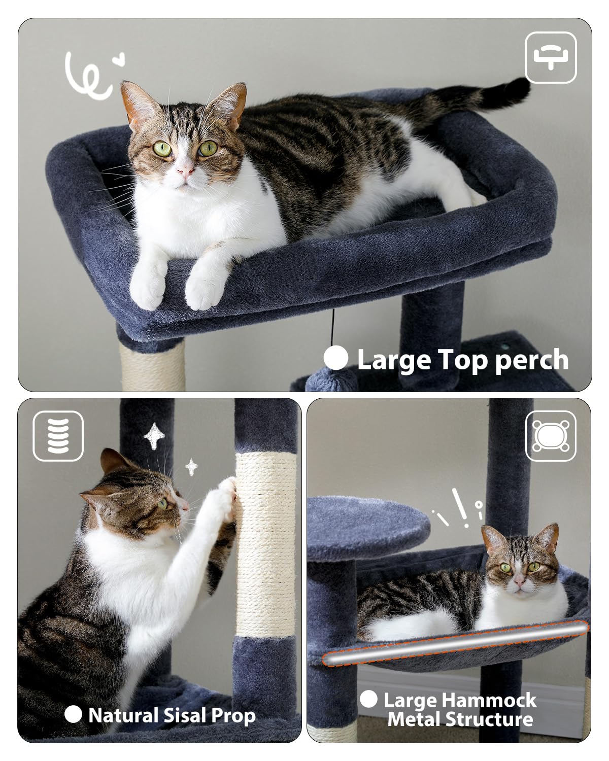 Pequlti Cat Tree For Large Cats With Metal Frame Big Hammock, Cat Tower For Indoor Cats With 2 Door Condo House, [56.3=143Cm]