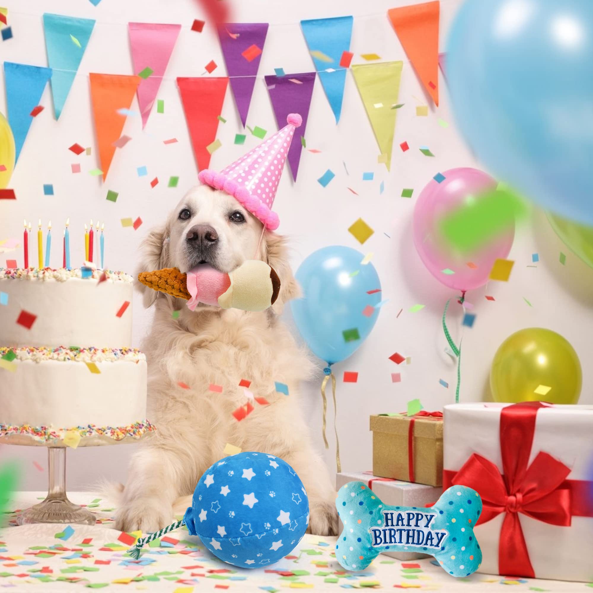 Prime Pets Dog Birthday Toys, 3 Pack, Crinkle Squeaky Dog Toys Set, Pet Toys For Small Medium Large Dogs, Stuffed Puppy Chew Toy