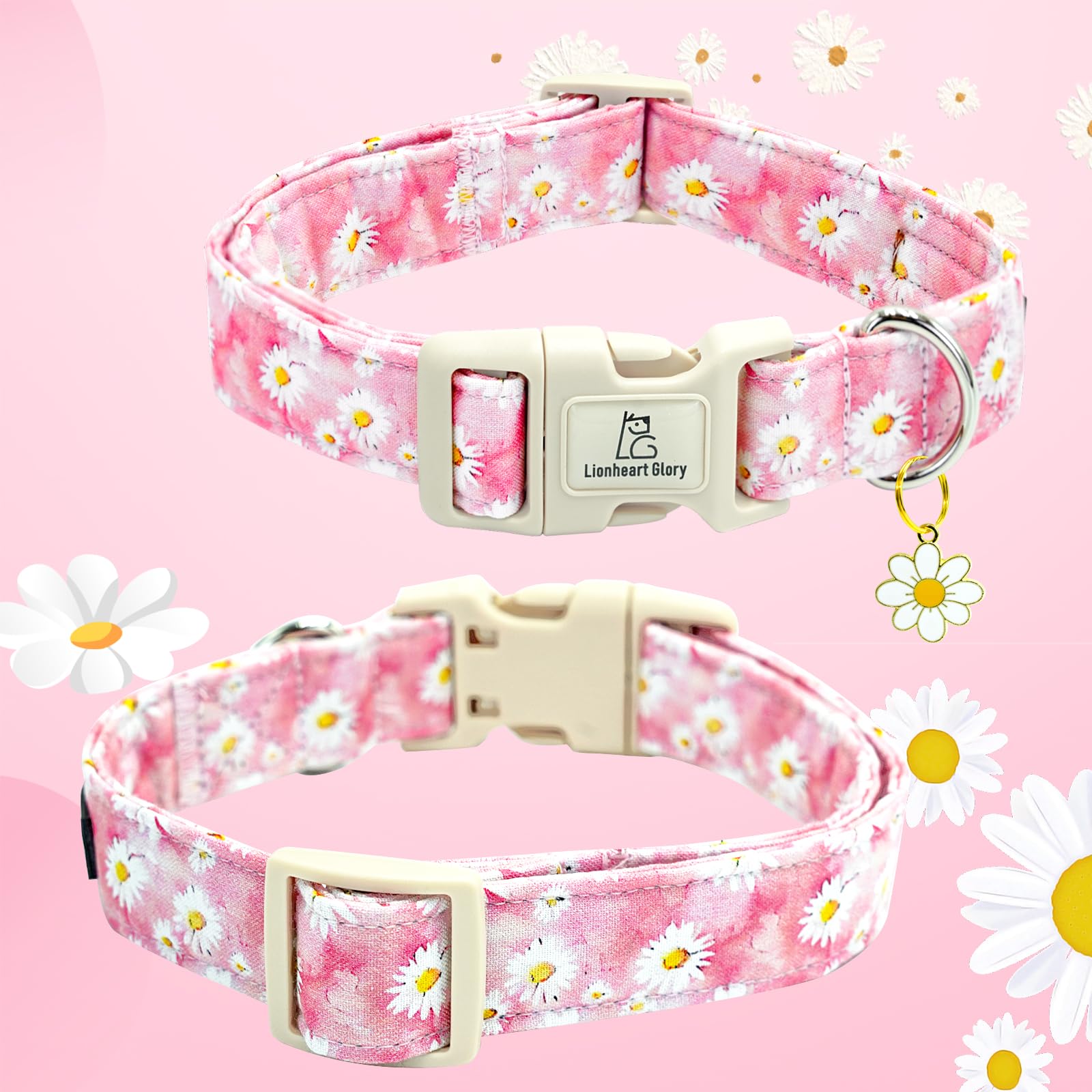 Lionheart Glory Dog Collar-Pink Floral Pattern Dog Collar Cute Flower Dog Collars Female Heavy Duty Adjustable Collars For Small