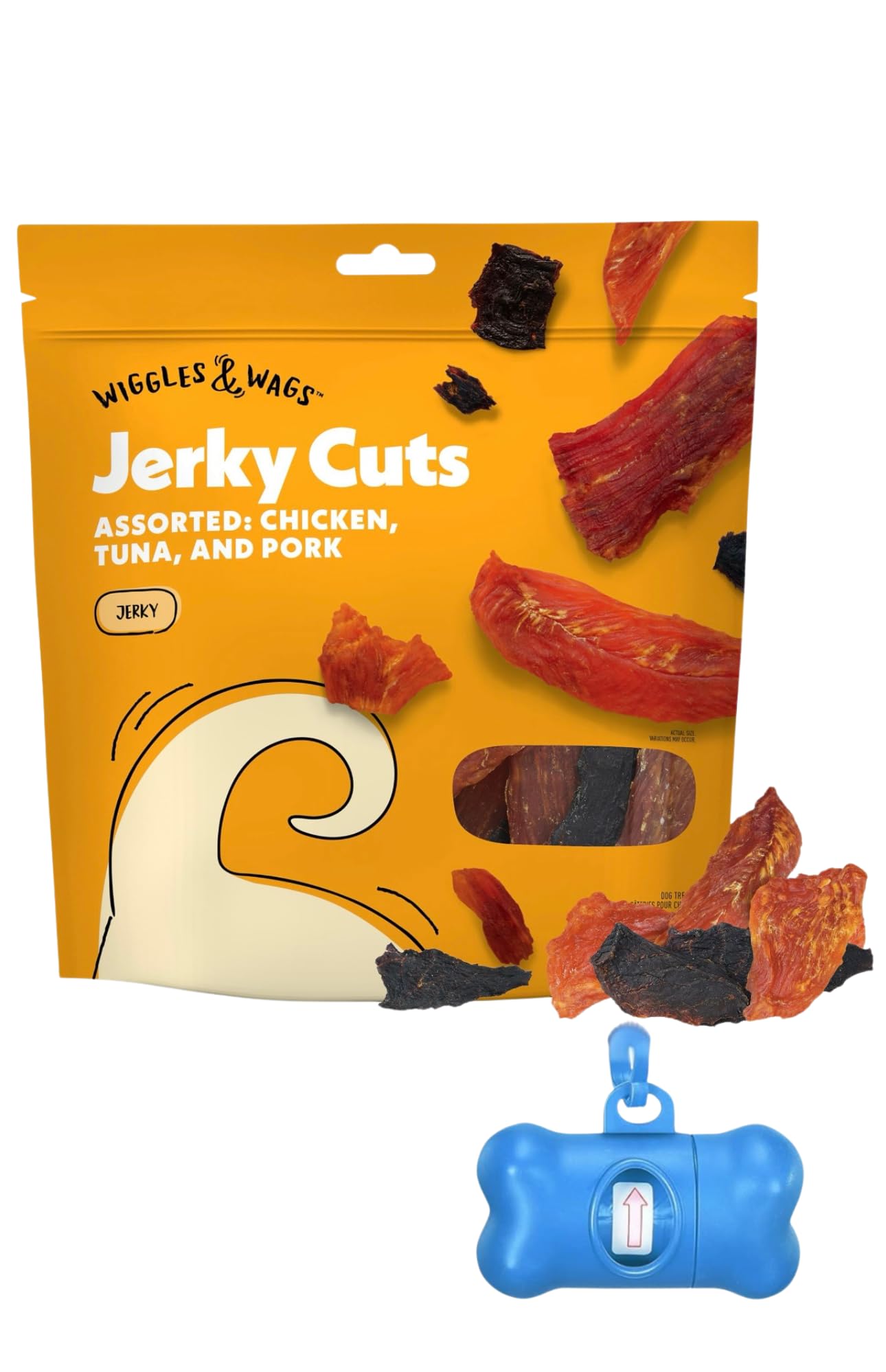 Wiggles & Wags Jerky Cuts Dog Treats, Assorted Chicken, Tuna and Pork, 16 Ounces with a DN Essentials Bone Shaped Waste Bag Disp