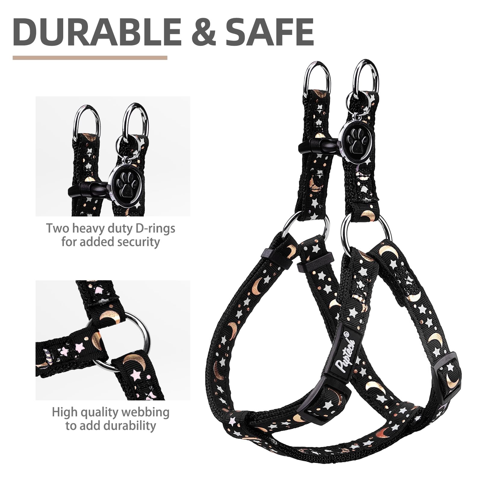 Pupteck No Pull Dog Harness Soft Adjustable Basic Nylon Step In Puppy Vest Outdoor Walking With Id Tag, Moon Star Black, S
