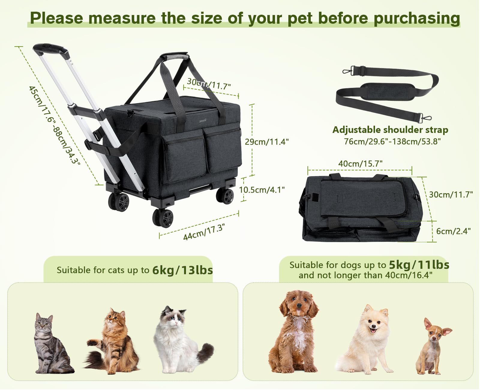Pecute Cat Carrier With Wheels,Steel Wire Frame Cat Carrier, Stable Pet Trolley Bag For Cats, Pet Handbag And Stroller Bag, Port