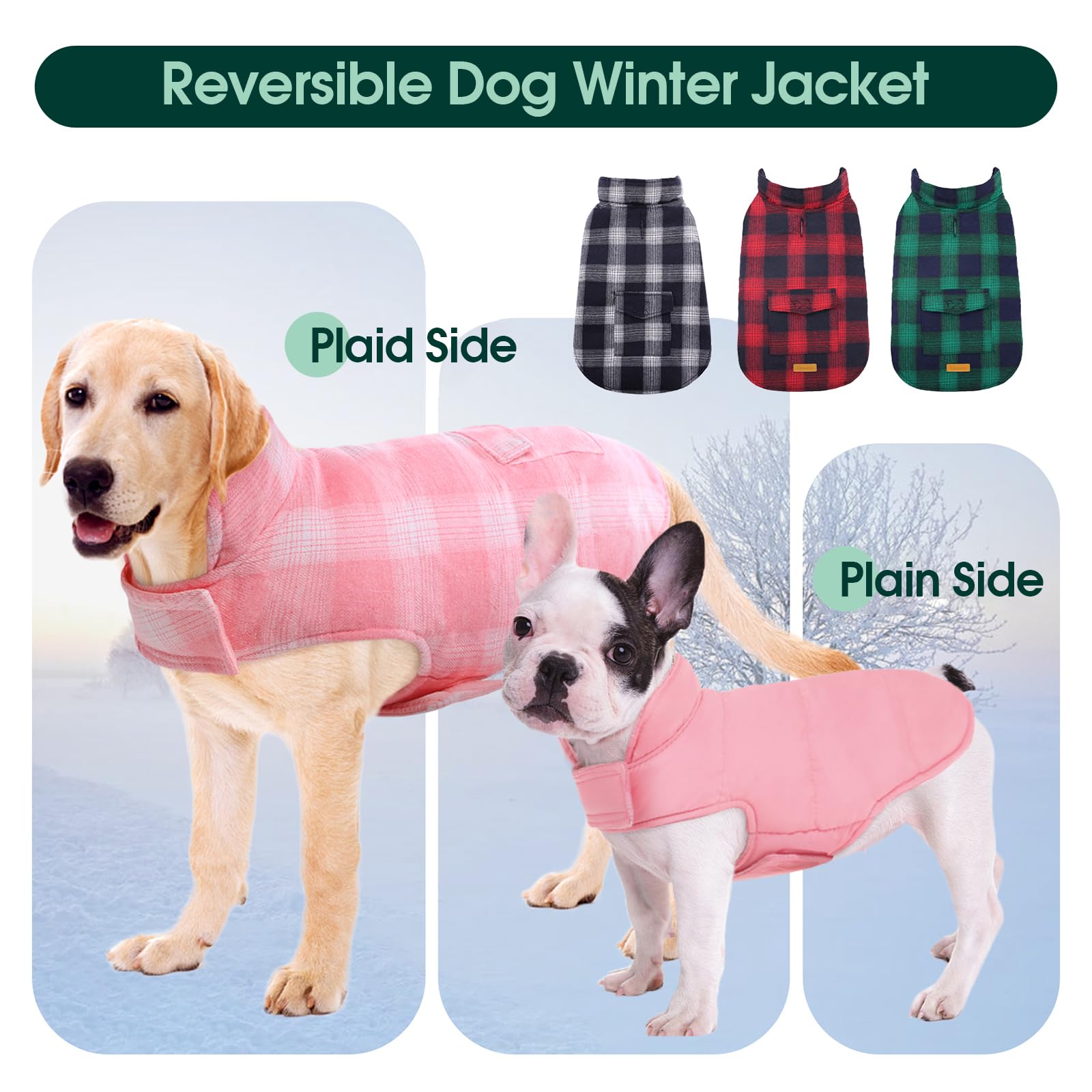 Kuoser Reversible Dog Jacket, Warm Winter Coat, Windproof Dog Clothes, Pink Xl