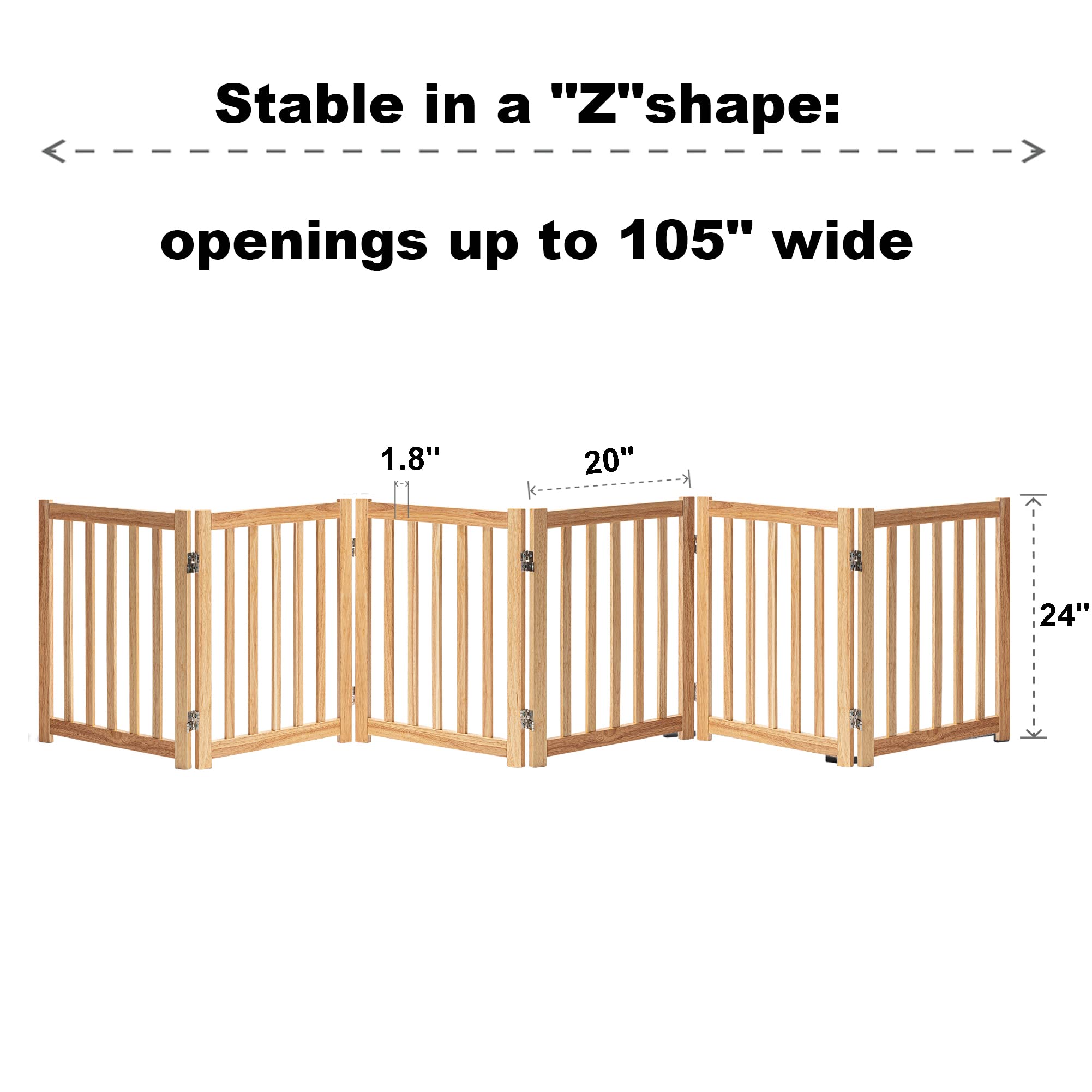 LZRS 6-Panel Extra-Wide Freestanding Wooden Dog Gate Indoor - 24   High Foldable Safety Pet Barrier for Doorways, Hallways, Kitc