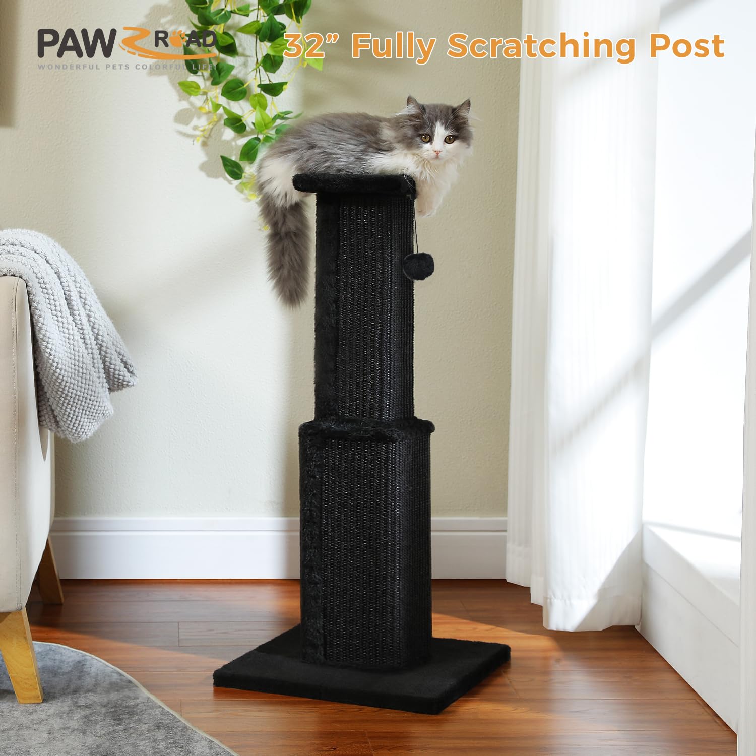 Pawz Road Large Cat Scratching Post 32” Tall Black Scratching Post For Indoor Cats Adults Ultimate Scratch Post With Woven Sisal, Large Base And Removable Dangling Ball- Black