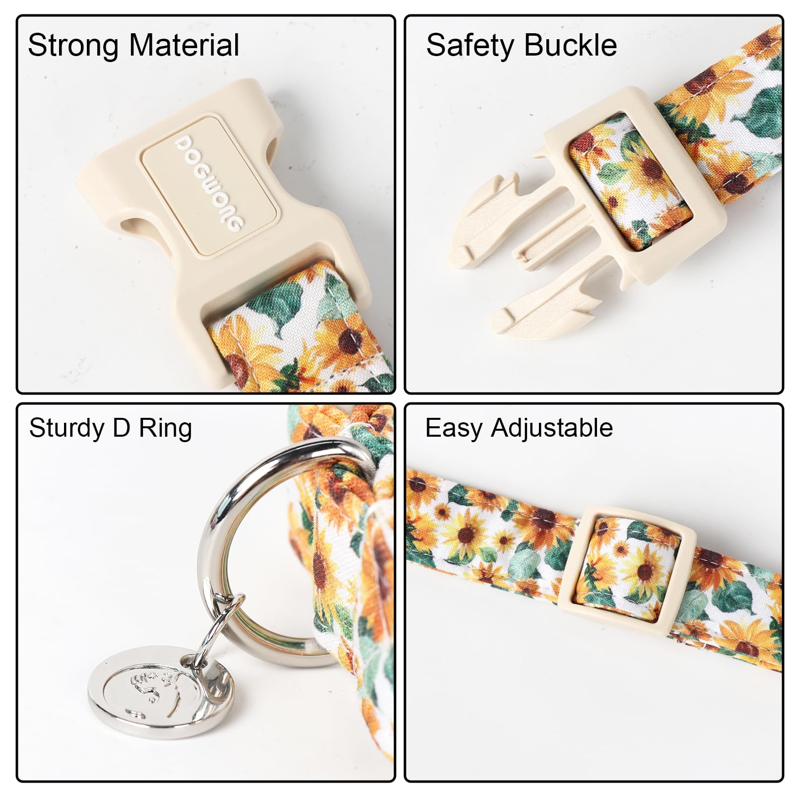 Dogwong Female Cotton Sunflower Dog Collar - Durable Soft Natural Fabric Spring Pet Collar For Small Medium Large Dogs