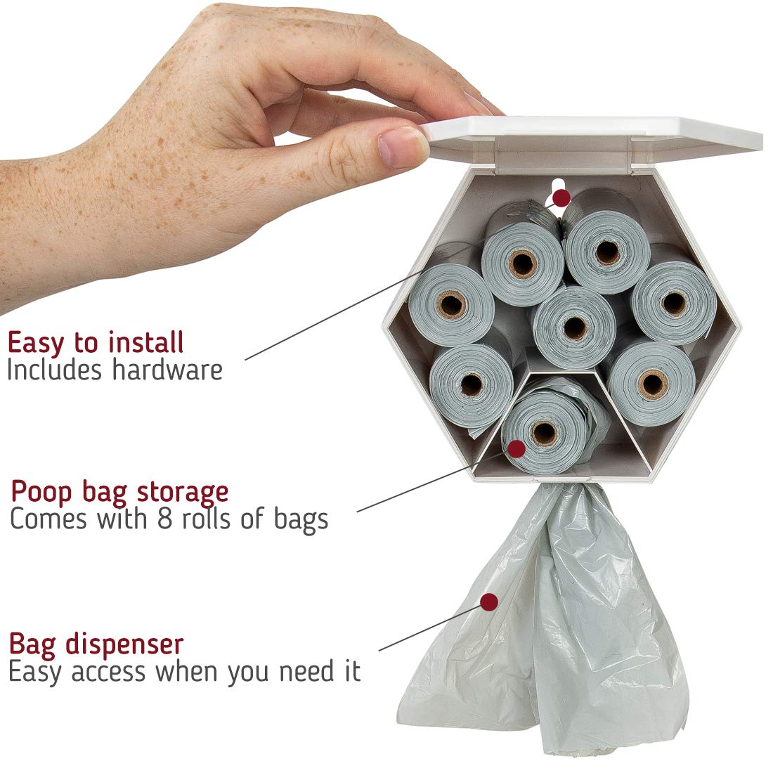 Leashboss Dog Poop Bag Dispenser Wall Mount With Container For Extra Storage, Doggy Bag Holder For Pet Waste Stations, Includes 8 Rolls (120 Bags) Of Unscented Biodegradable Pet Waste Bags