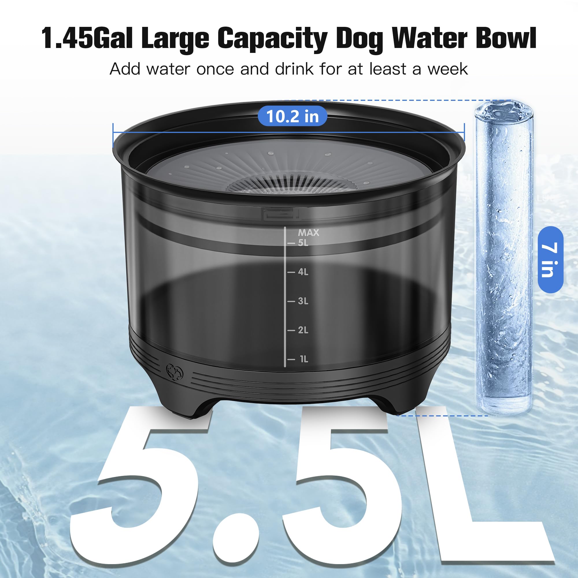 Upsky 5.5L Dog Water Bowl,186Oz Large Capacity No Spill Water Bowl For Dogs, Splash Proof Slow Water Feeder With Heightened Base
