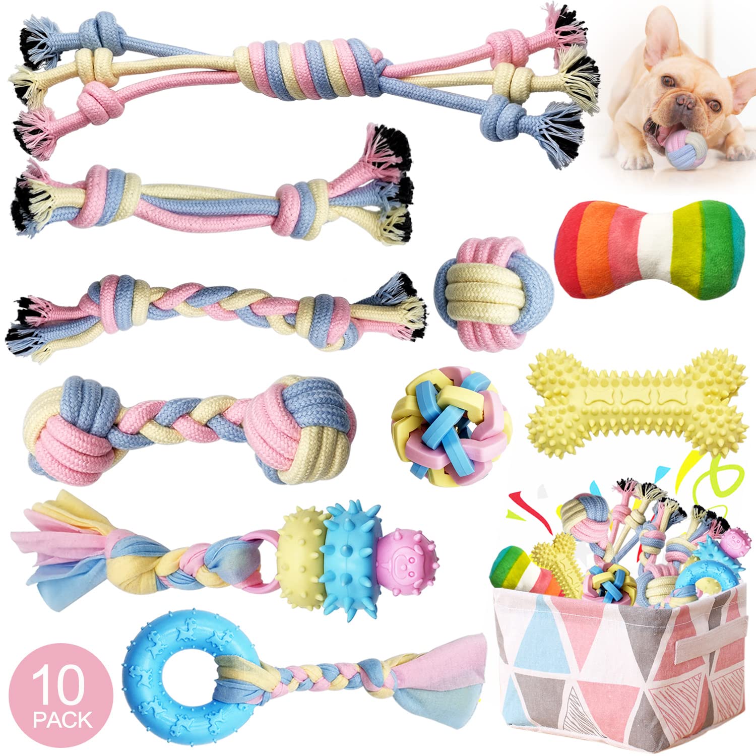 Benseao Puppy Teething Chew Toys Puppy Chew Toys For Teething Dog Rope Toy For Small Dog Interactive Puppy Toys Dog Balls Puppy Teething Toys Ring Dog Toys Storage Basket (A)