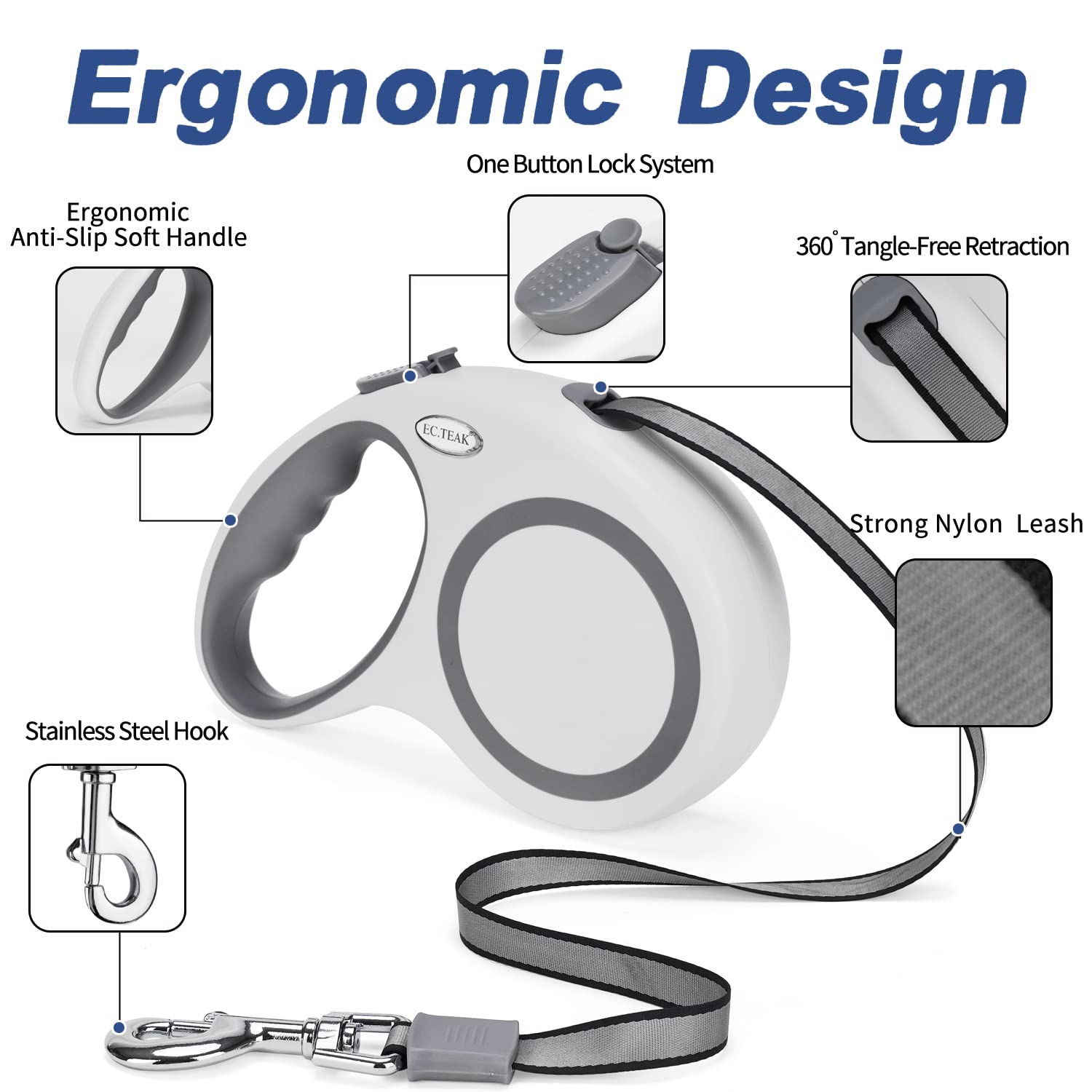 Ec.Teak Retractable Dog Leash 26 Ft, Heavy Duty Retractable Leash For Dogs Up To 110Lbs, Strong Nylon Tape No Tangle, One-Handed