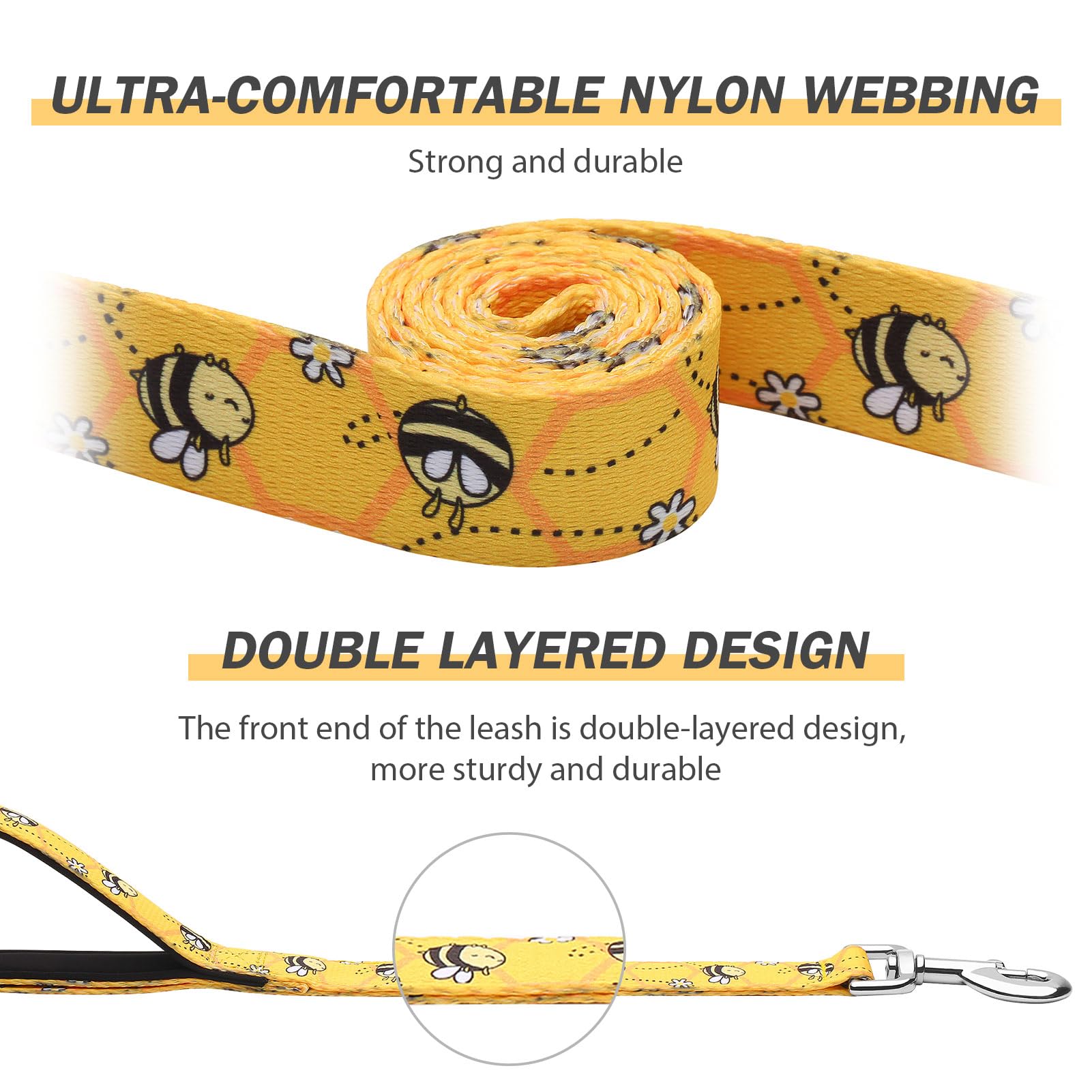 Hikiko 6 Ft Dog Leash, Padded Double Handle Leashes For Medium Large Dogs, Soft Traffic Handles Lead For Walking (Yellow Bee)