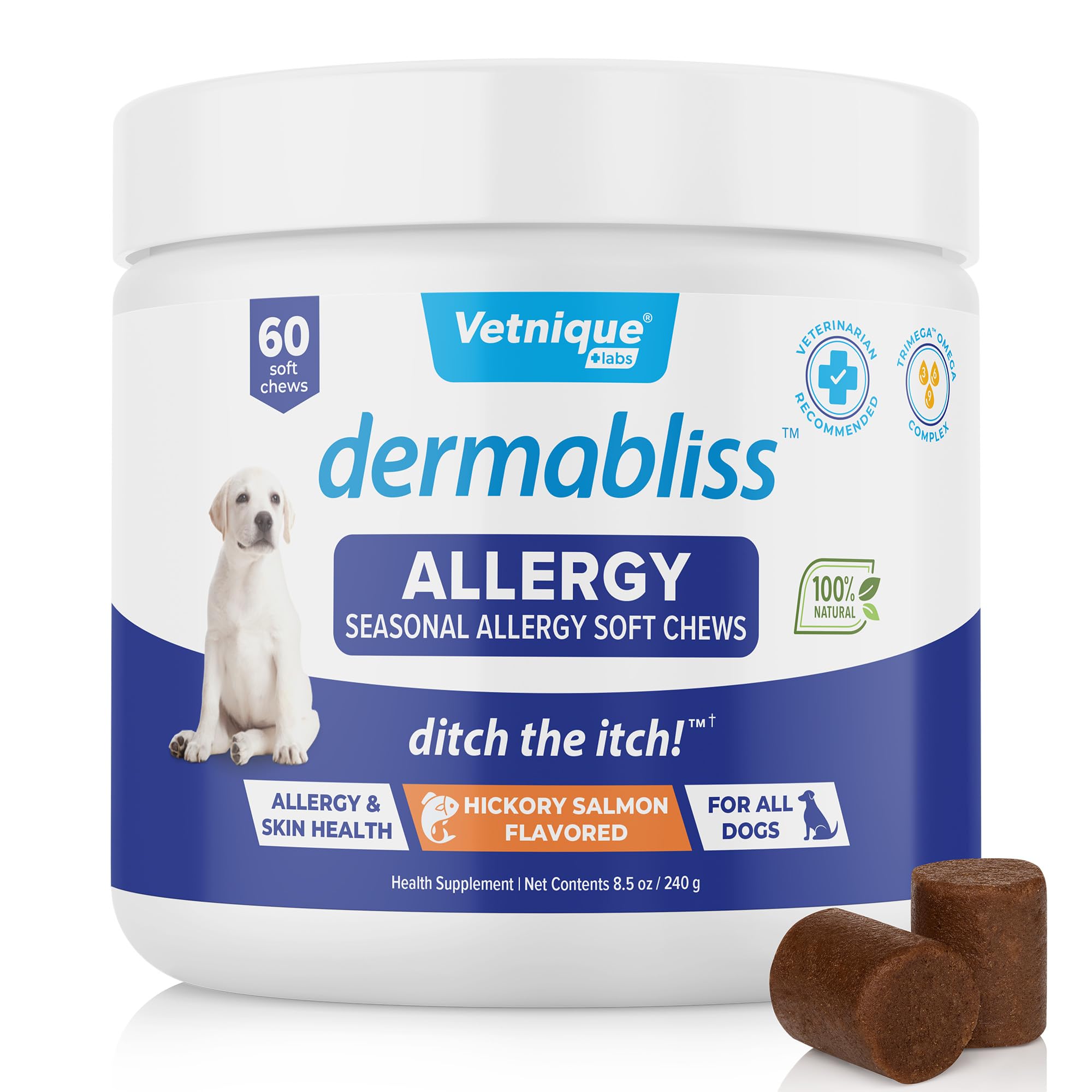Vetnique Dermabliss Seasonal Dog Allergy Relief & Immune Support Supplement Allergy Chews for Dogs Itching and Licking with Omeg