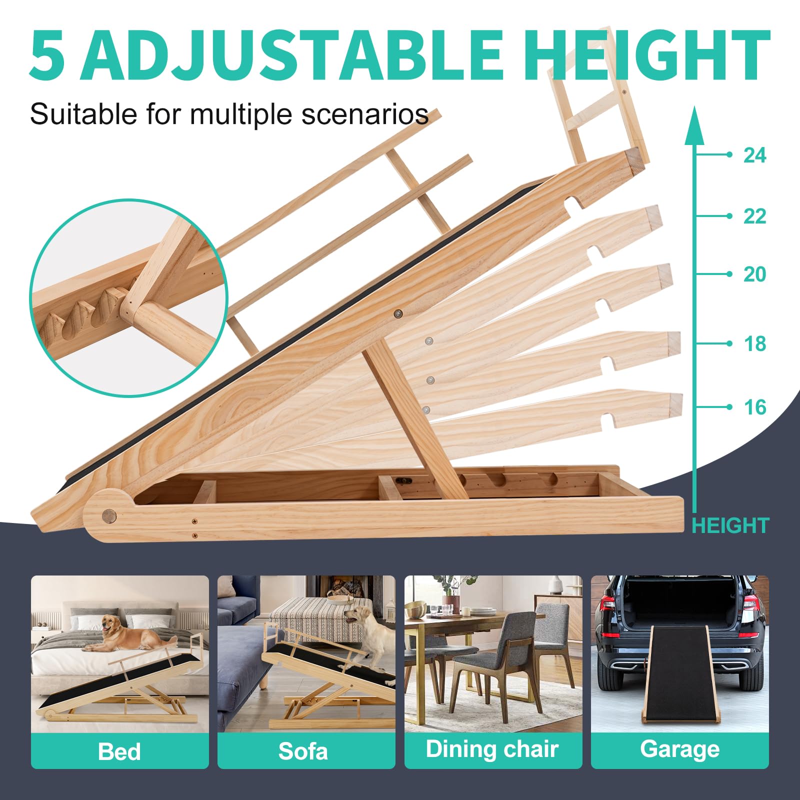 Dog Ramp, 5 Level Adjustable Wooden Folding Pet Ramp For Middle Bed, Couch,Suv-High Traction, Portable Paw Ramps For Small & Lar