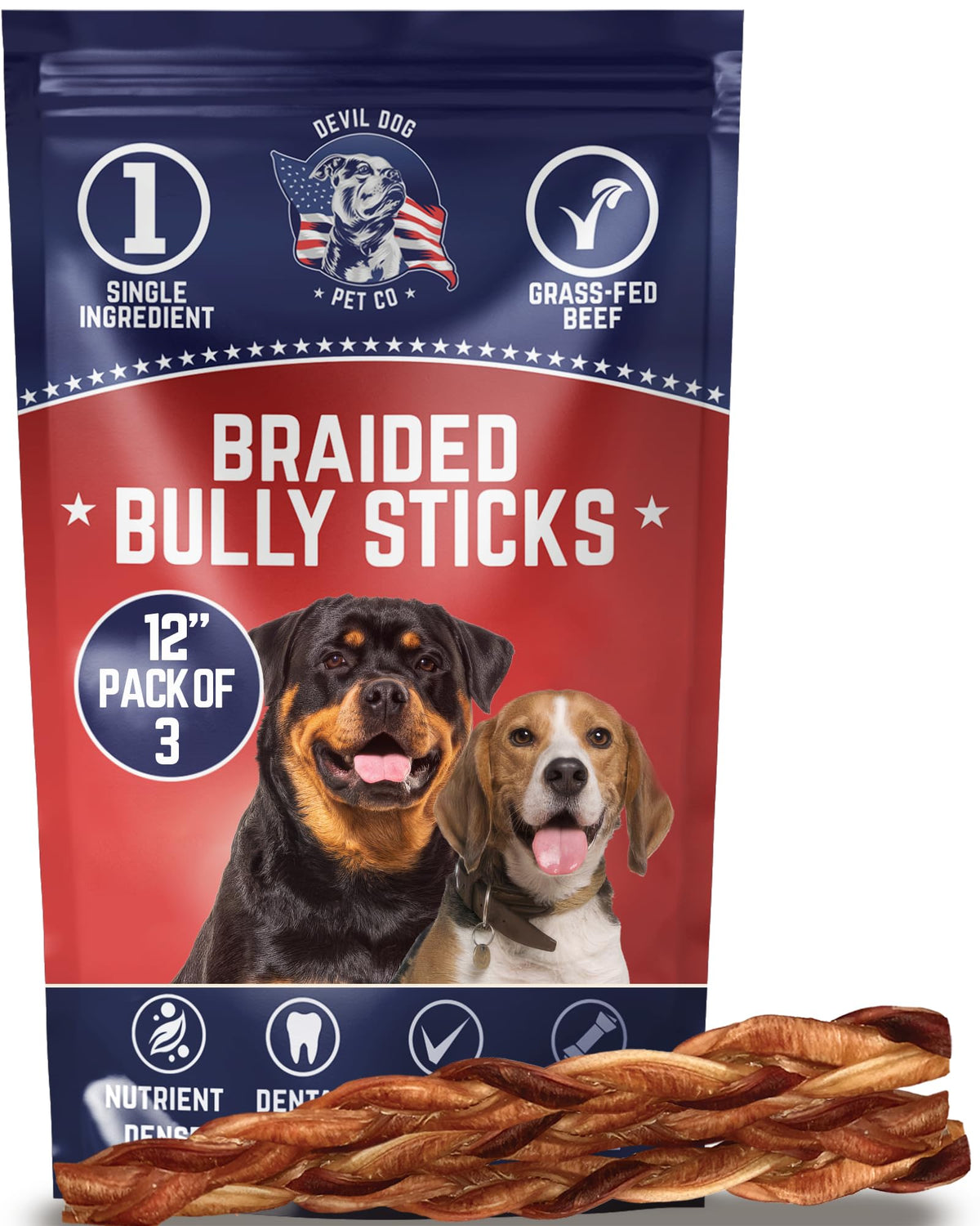 Devil Dog Pet Co. Braided Bully Sticks For Dogs - 12 Inch 3 Pack Chew Treats, 100% Natural, Single Ingredient, Long Lasting & Ra