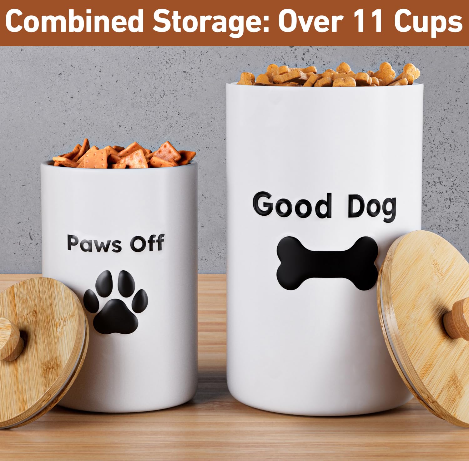 Dog Treat Container Airtight Set of 2 - 9x5 & 7x4 inch Ceramic Dog Treat Jars for Kitchen Counter with Airtight Lids - 11 Cup Ca