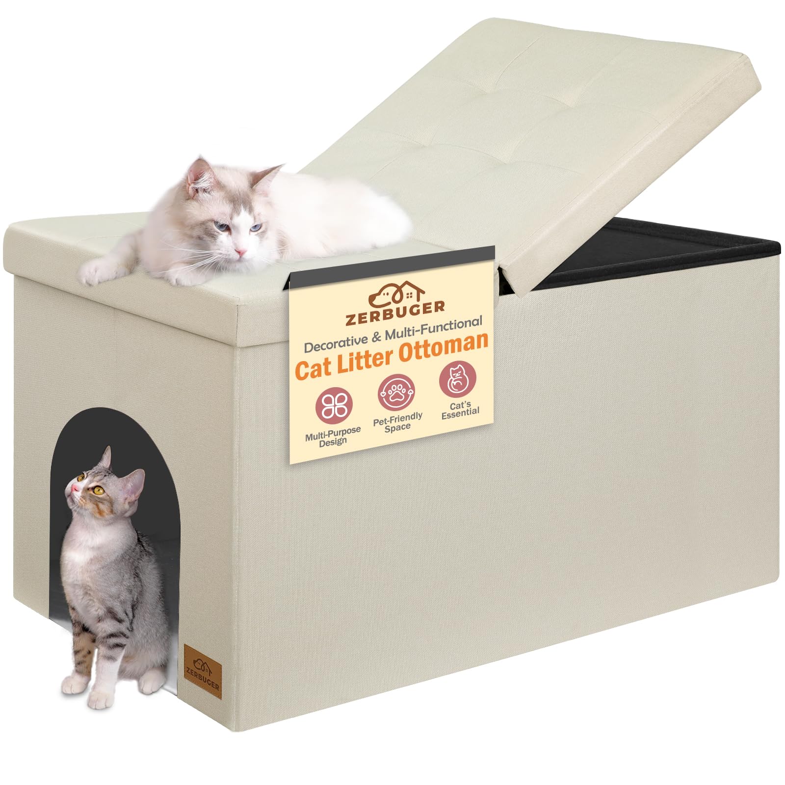 Zerbuger Cat Litter Box Enclosure Furniture for Odor Control, Hidden Cabinet Cats Litter Ottoman with Flip-Up Lid,Cat Litter Box