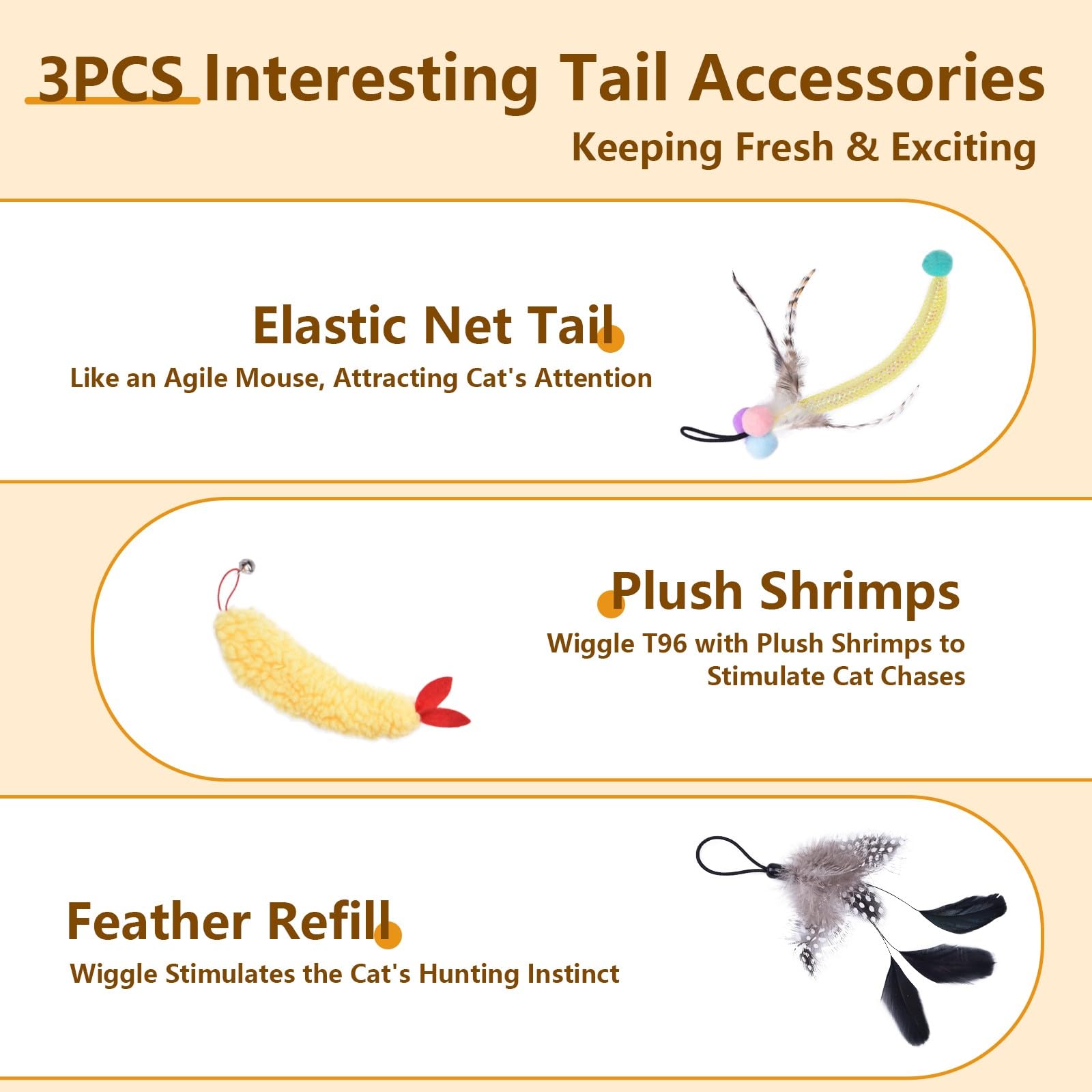Orsda 3 Pcs Replacement Refills For Cat Ball Toys, Feather Tail, Elastic Net Tail, Plush Shrimps For Interactive Kitten Toys For