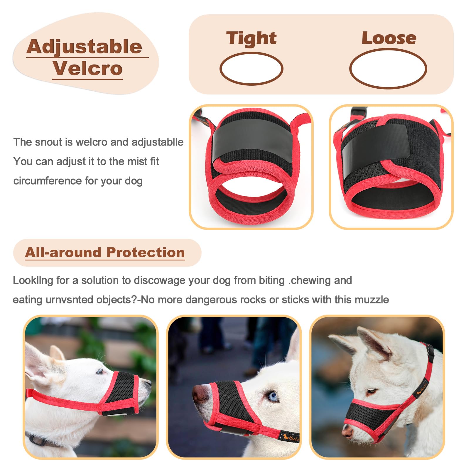 Heele Dog Muzzle,Soft Nylon Muzzle Anti Biting Barking Chewing,Air Mesh Breathable Drinkable Adjustable Loop Pets Muzzle For Small Medium Large Dogs 4 Colors 4 Sizes (Xxl, Red)