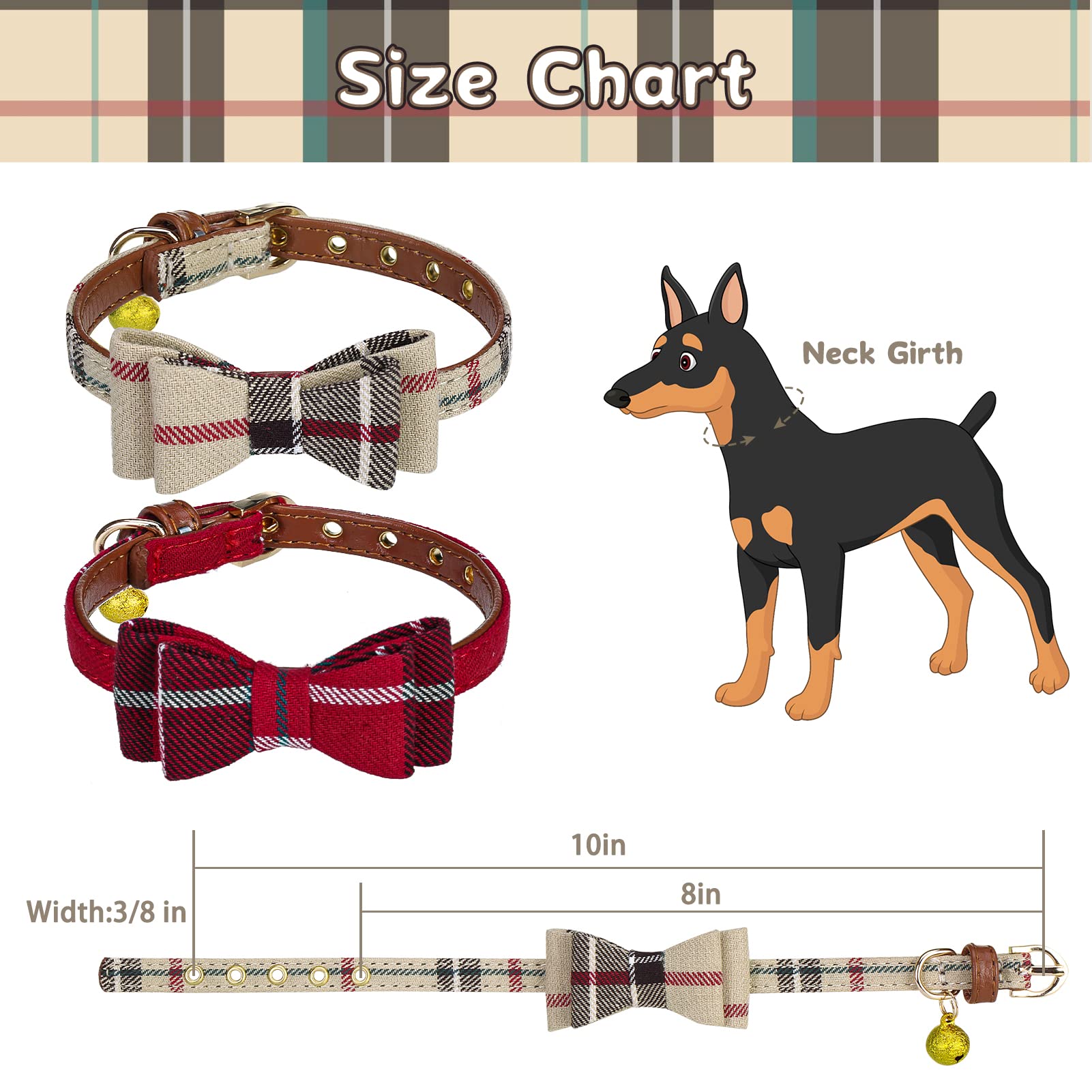 Pupteck Puppy Collar With Bell - 2 Pack Plaid Small Dog Collar Charm Adjustable Bowtie Soft Leather Cat Collar For Kitten And Pu