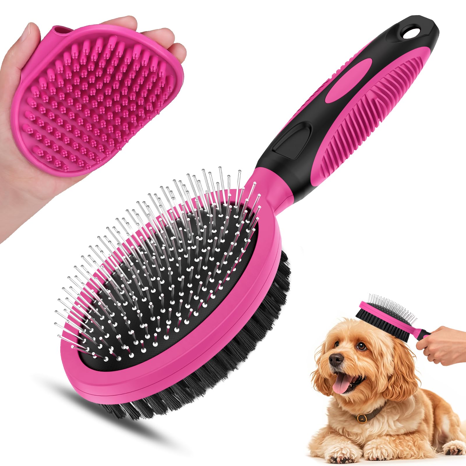 2PCS Pet Grooming Tools - Double-Sided Brush for Shedding and Bathing, Suitable for Short/Long Haired Dogs Cats and Horses, Desh