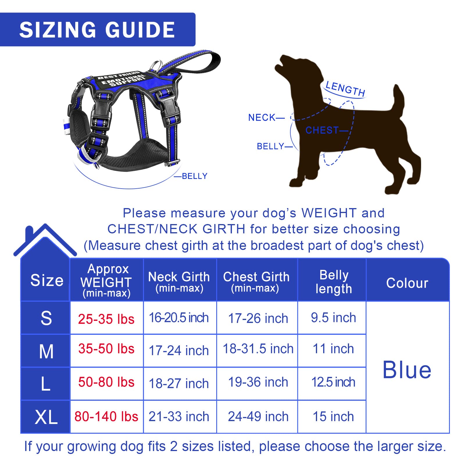 Winsee Service Dog Vest No Pull Dog Harness With 7 Dog Patches, Reflective Pet Harness With Durable Soft Padded Handle For Training Small, Medium, Large, And Extra-Large Dogs (Large, Dark Blue)