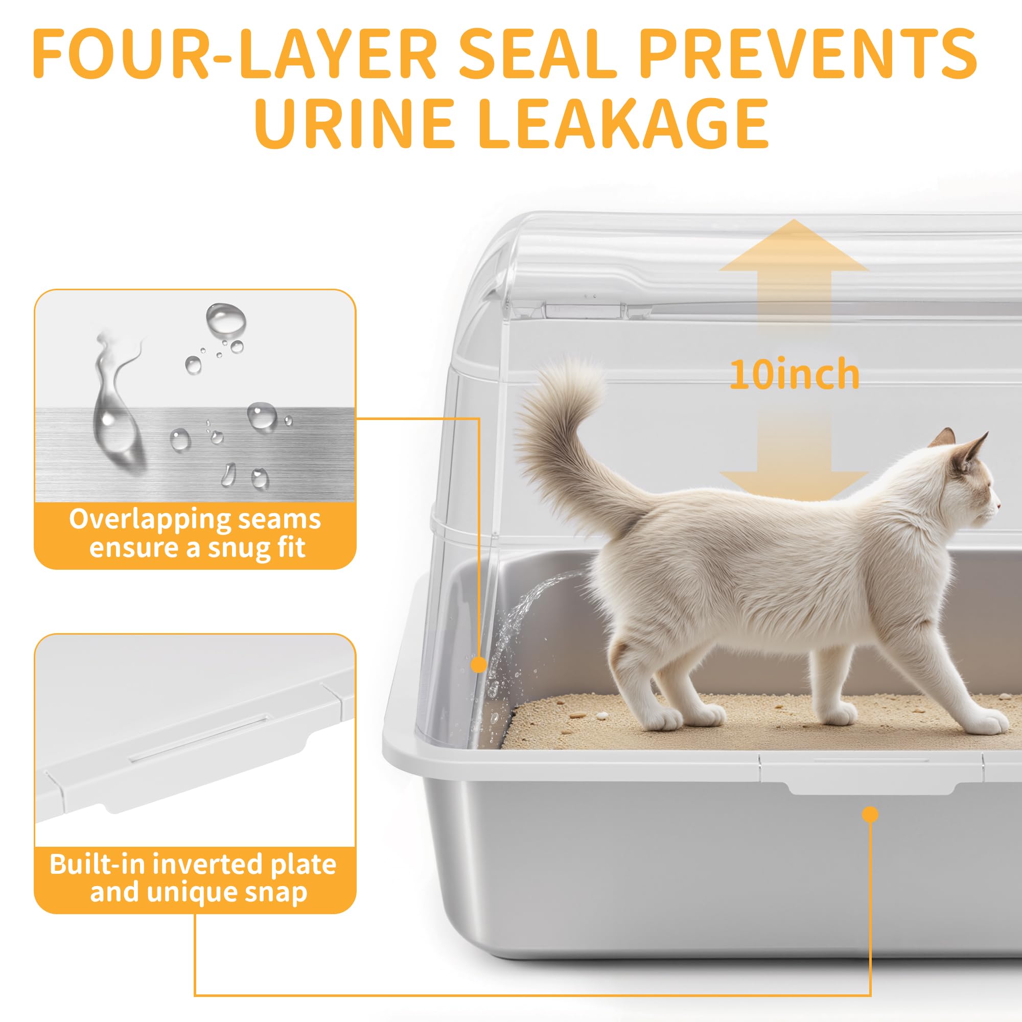 Unzipe Covered Stainless Steel Litter Box With Lid, Xl Extra Large Cat Litter Box, Enclosed Metal Litter Pan With High Sided Enc