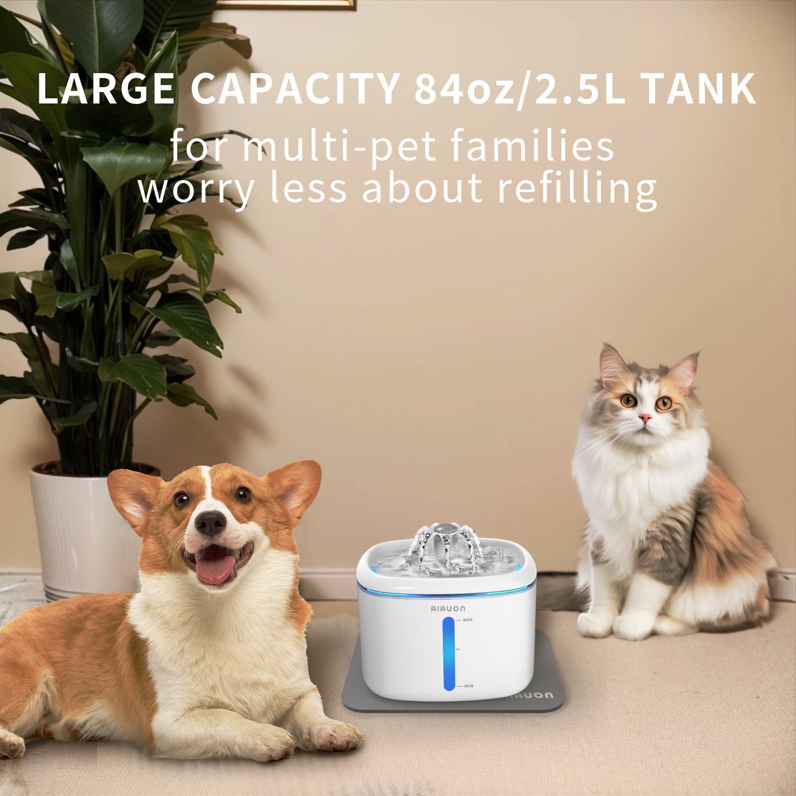Aiauon Cat Water Fountain 84Oz/2.5L - Automatic Pet Fountain & Dog Water Dispenser With Replacement Filters & Feeding Mat For Ca