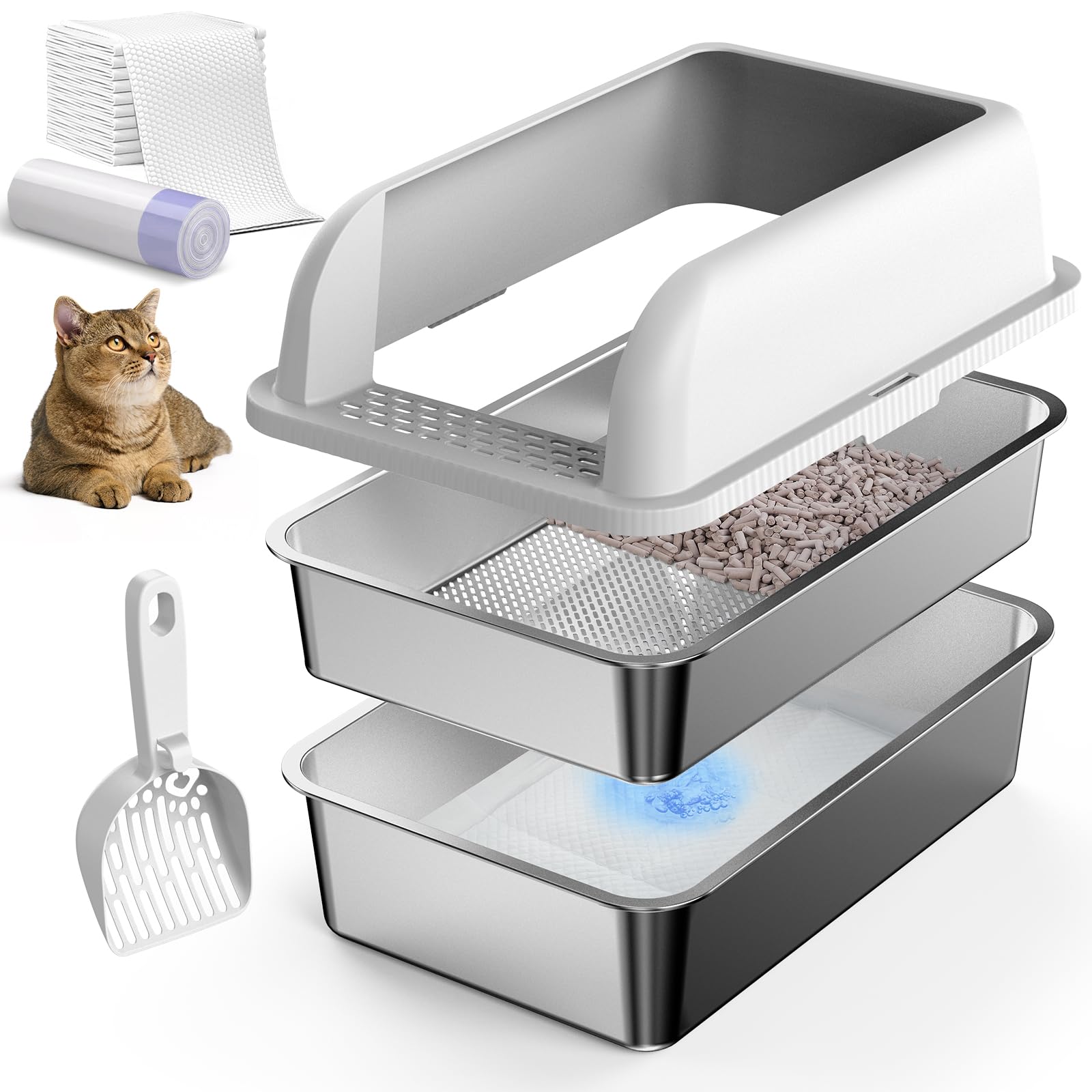 23.5''X15.7''X6'' Enclosed Stainless Steel Litter Box With Lid, Xl Sifting Litter Box For Pine Pellets, High Sides Metal Litter 