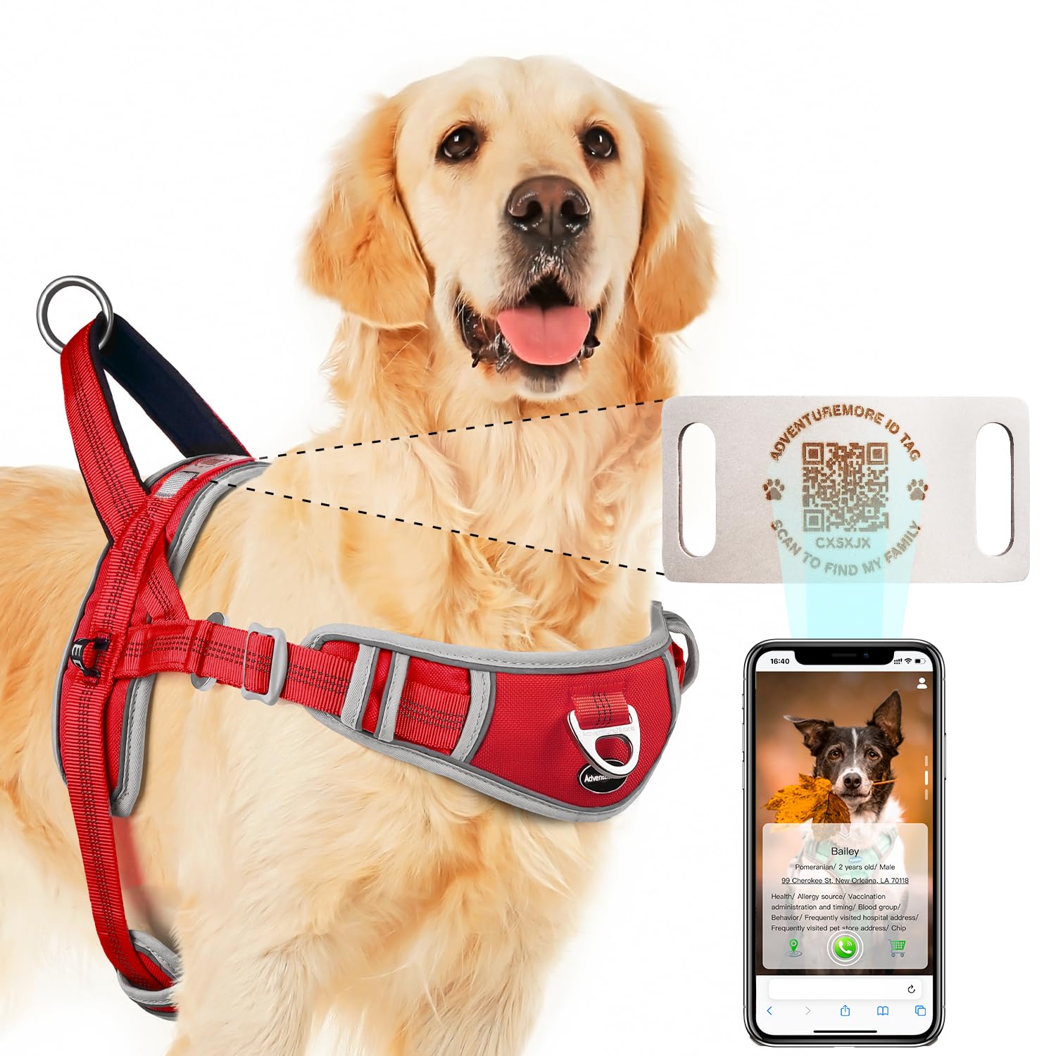 Adventuremore Small Dog No Pull Harness With Qr Code Tag, Reflective Vest, Front Clip Handle For Training & Walking - Rose Red