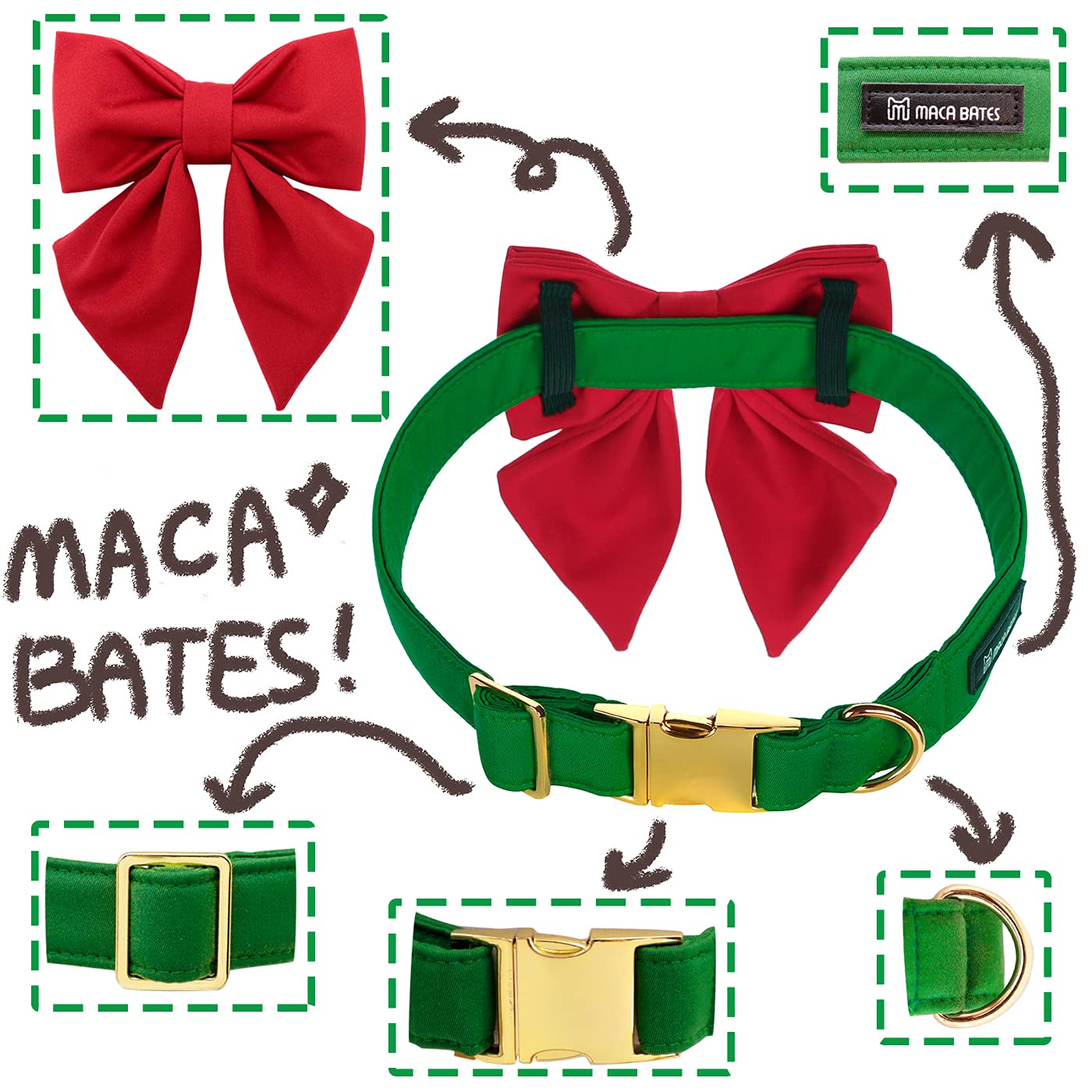 Maca Bates Christmas Grass Green Dog Collar with Cute Solid Sailor Bow Tie for Large Girl Boy Dogs,Adjustbale Durable Breakaway