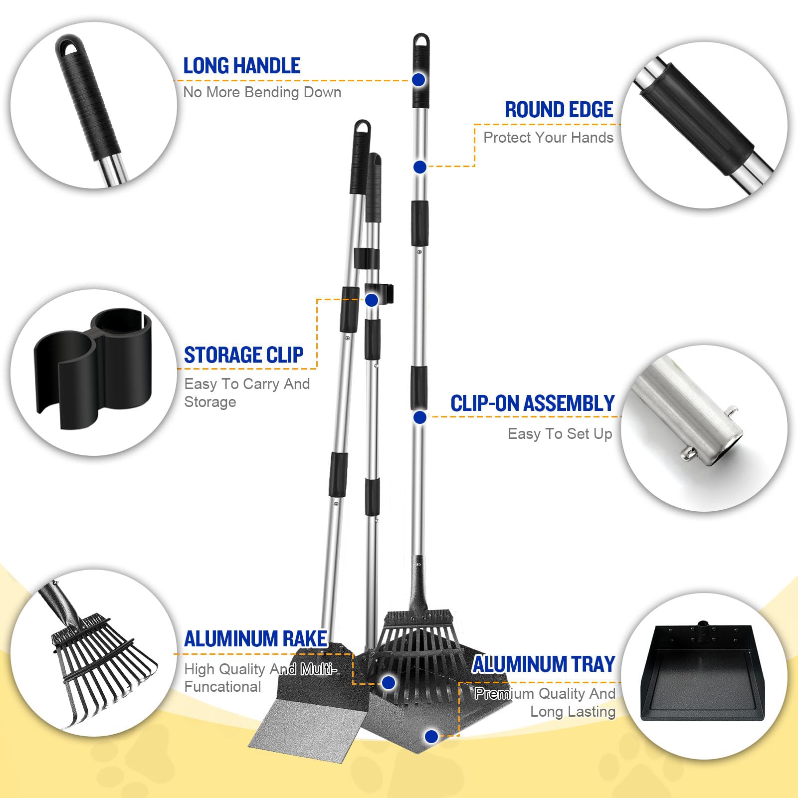 Dog Pooper Scooper For Large Dogs, 3 Pack Adjustable Long Handle Metal Tray, Rake And Spade Poop Scoop With Bin For Pet Waste Re
