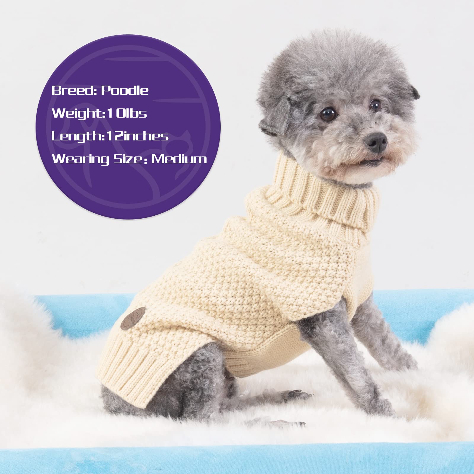 Cyeollo Dog Sweater Turtleneck Knitted Sweaters With Leash Hole Winter Dog Clothes Sweaters For Small Dogs Beige