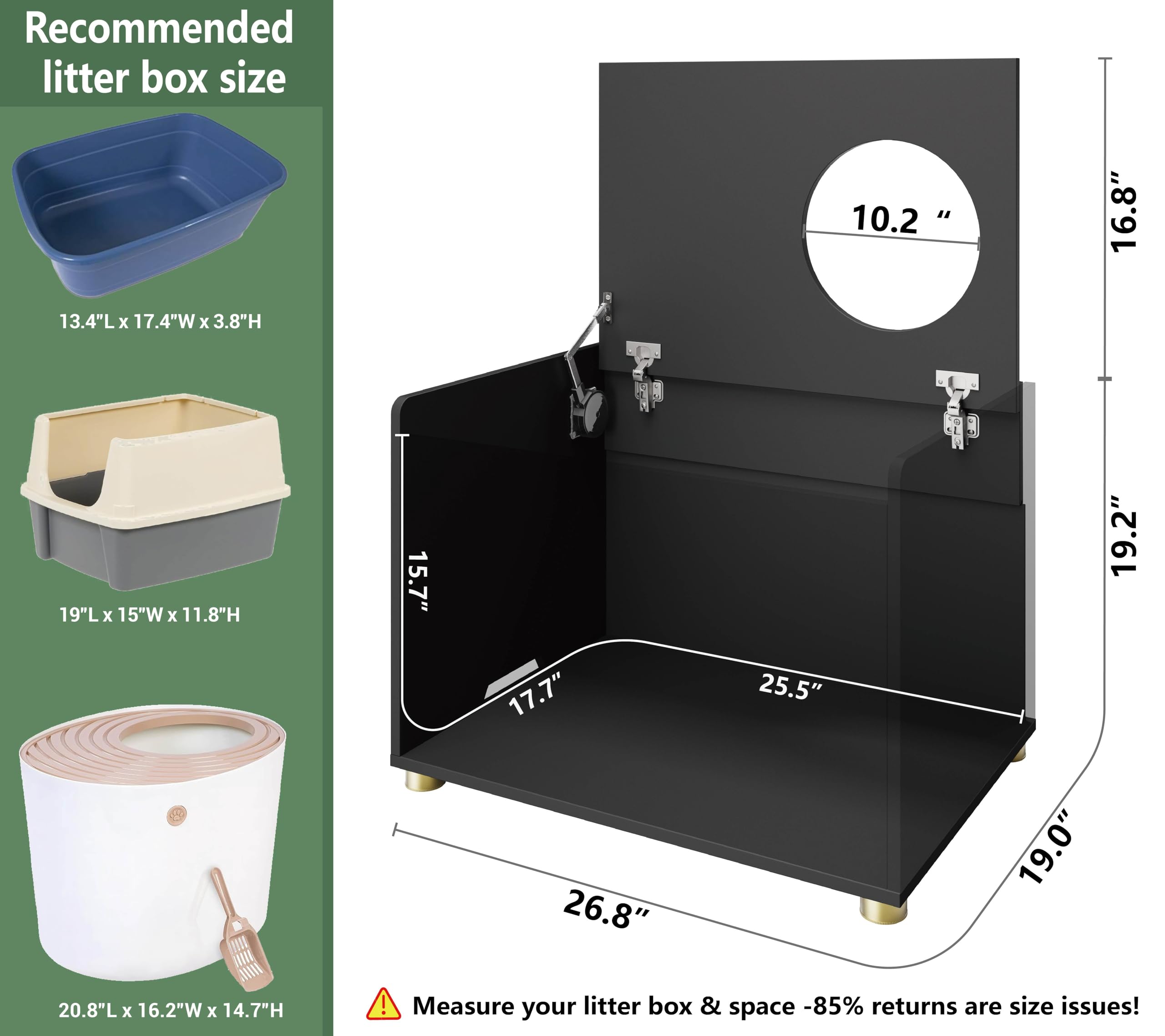 Amunrbrek Top Entry Litter Box Enclosure, Modern Flip Top Litter Box Furniture with Cat Scratch Mat, Side Table (Black)