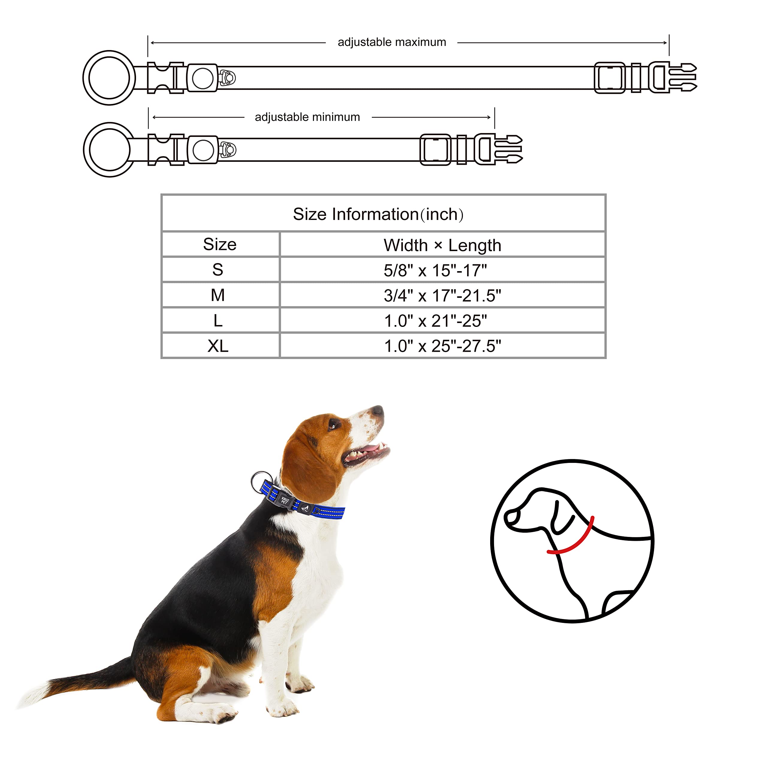 Kruz Pet Reflective Dog Collar For Small, Medium, Large Dogs, 100% Nylon Adjustable Pet Neck Collar, Heavy Duty O-Ring, Soft, Co