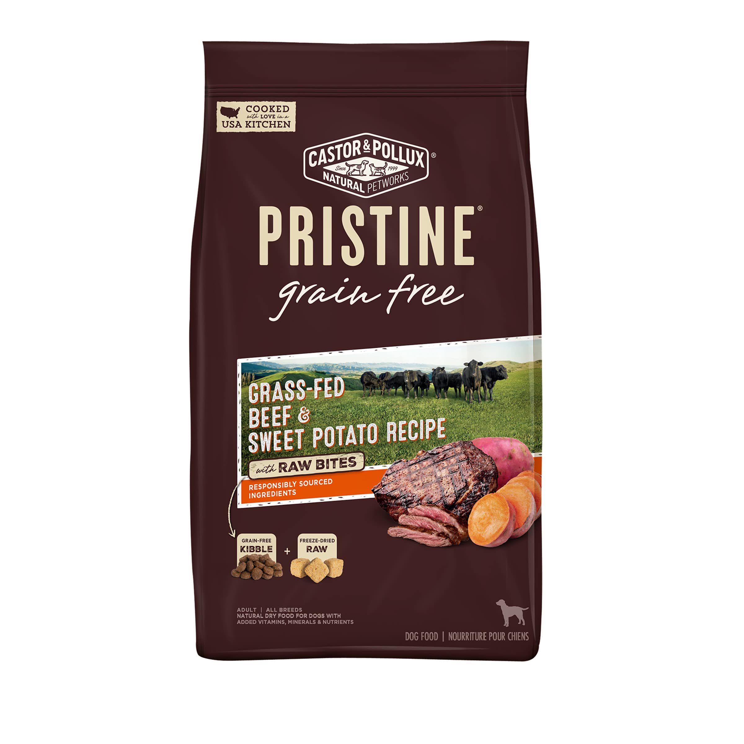 Castor & Pollux PRISTINE Grain Free Dry Dog Food Grass-Fed Beef & Sweet Potato Recipe with Raw Bites - 18 lb Bag