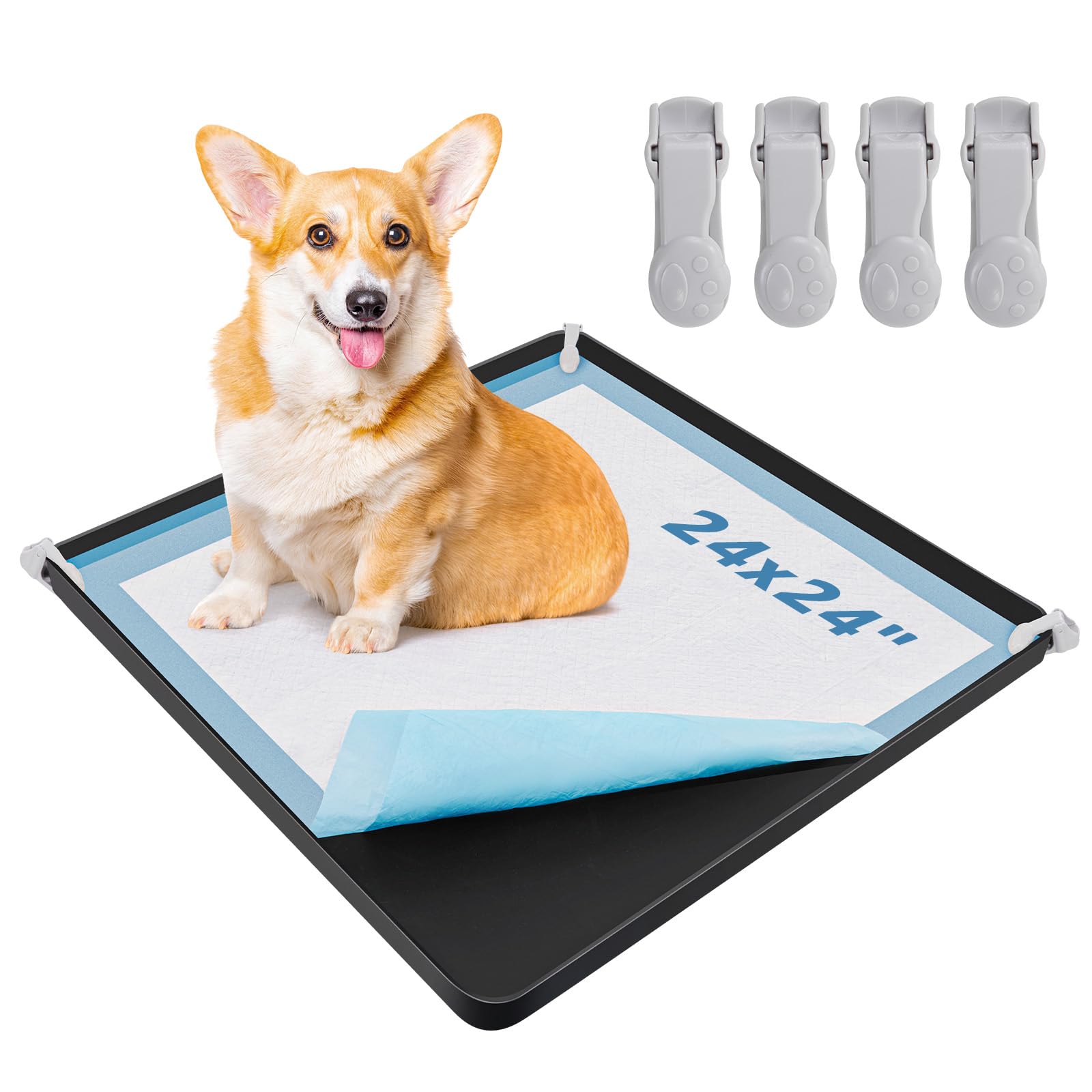 LOOBANI Dog Pee Pad Holder - Silicone Puppy Pad Holder - High Edge Dog Potty Tray with 4 Holder Clamps for Puppy Potty Training,